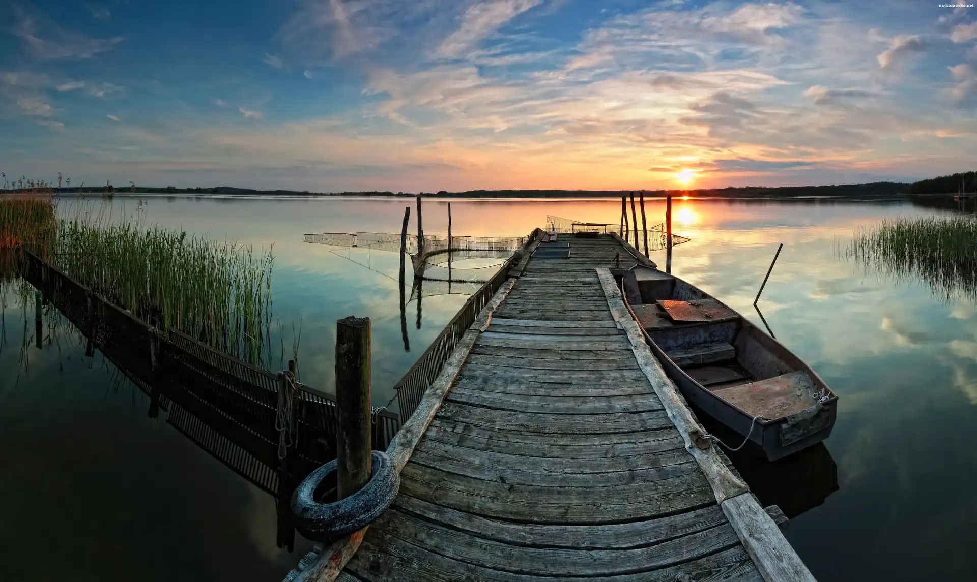 Łódka, Zachód, Słońca, Jezioro, Molo