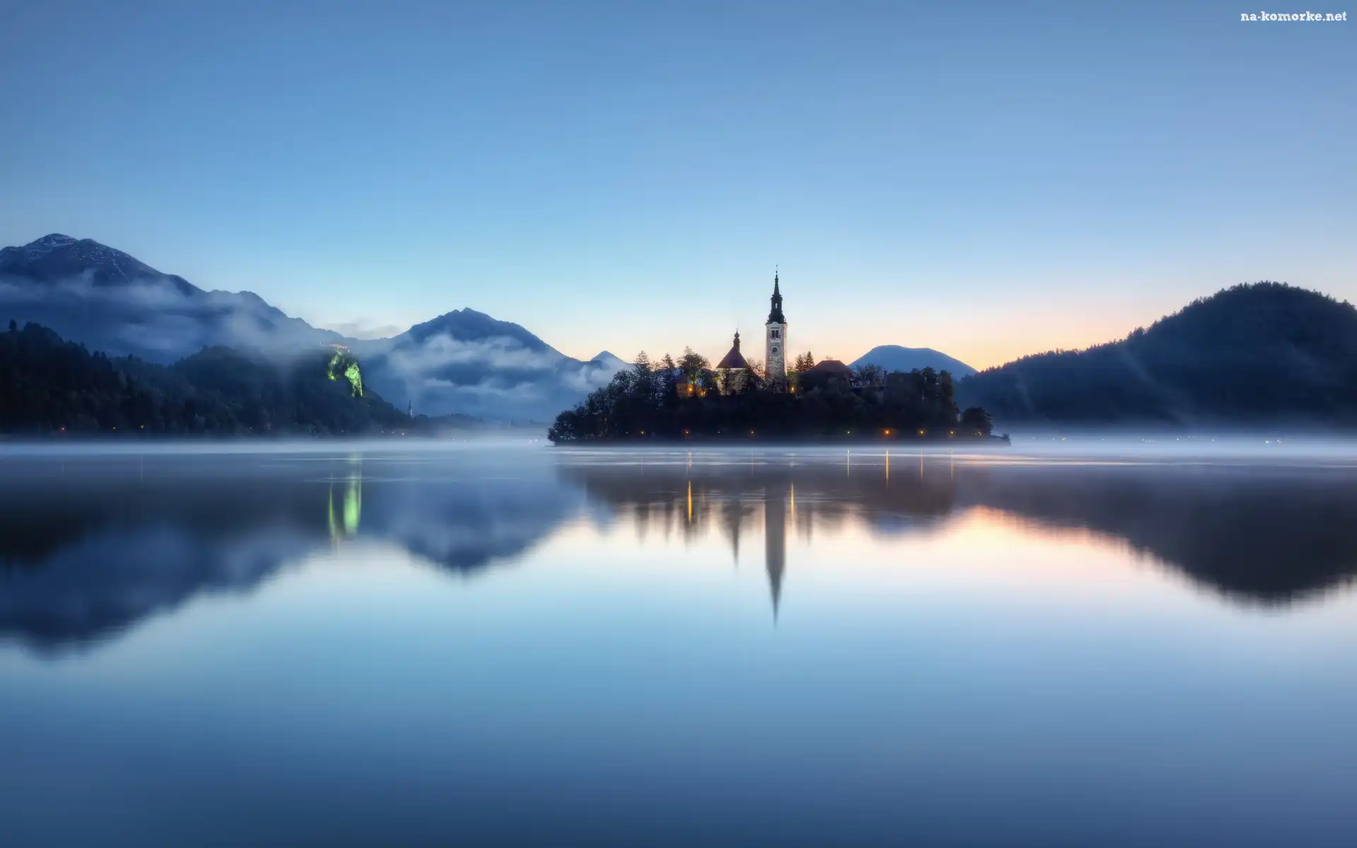 Jezioro, Bled, Słowenia, Góry, Zamek, Mgła
