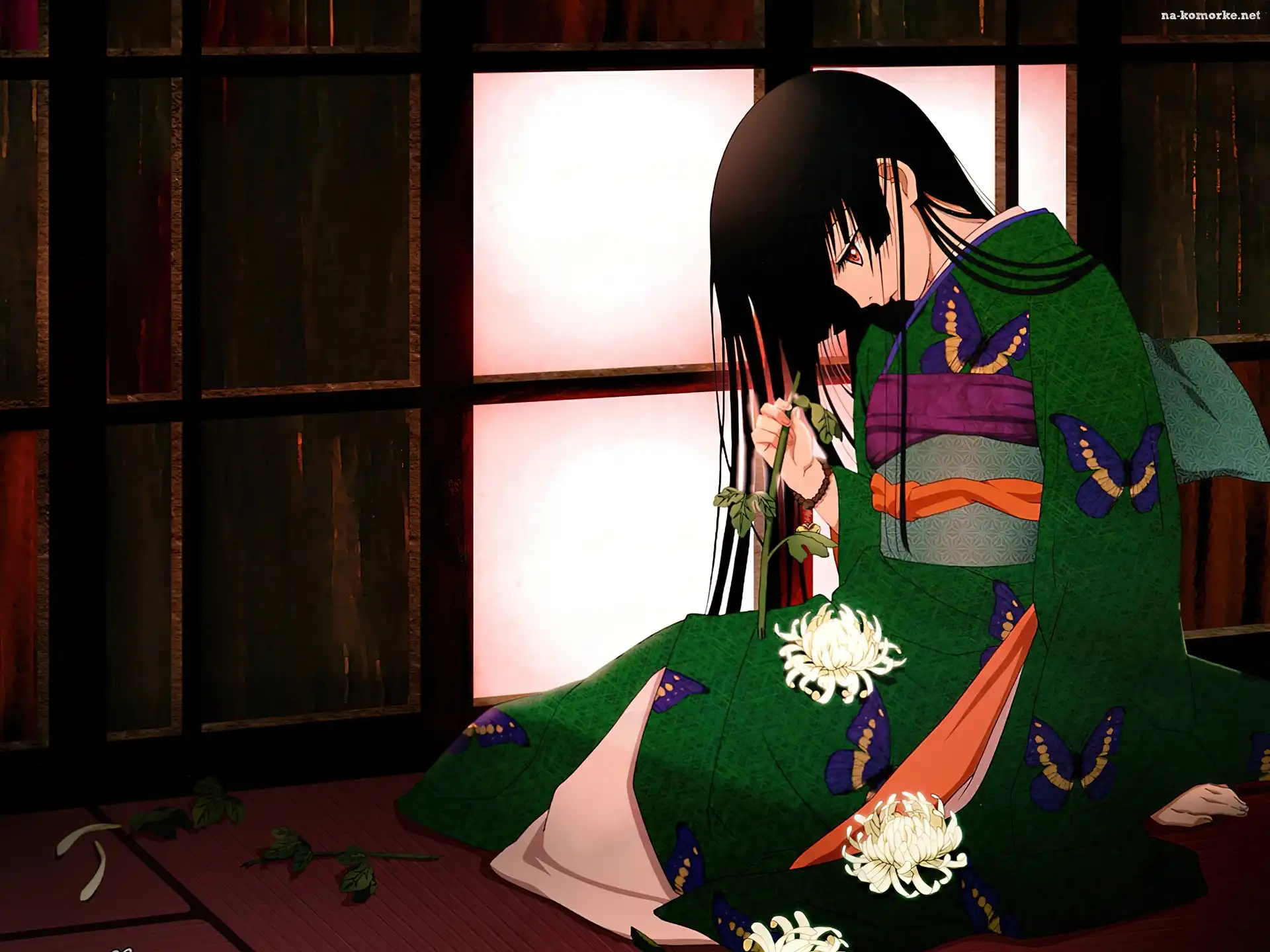 Jigoku Shoujo, kobieta, kimono, kwiaty