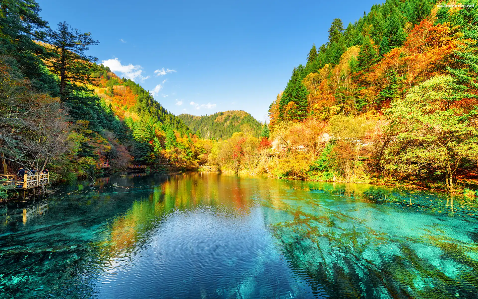 Góry, Chiny, Las, Jesień, Jezioro, Park Narodowy Jiuzhaigou