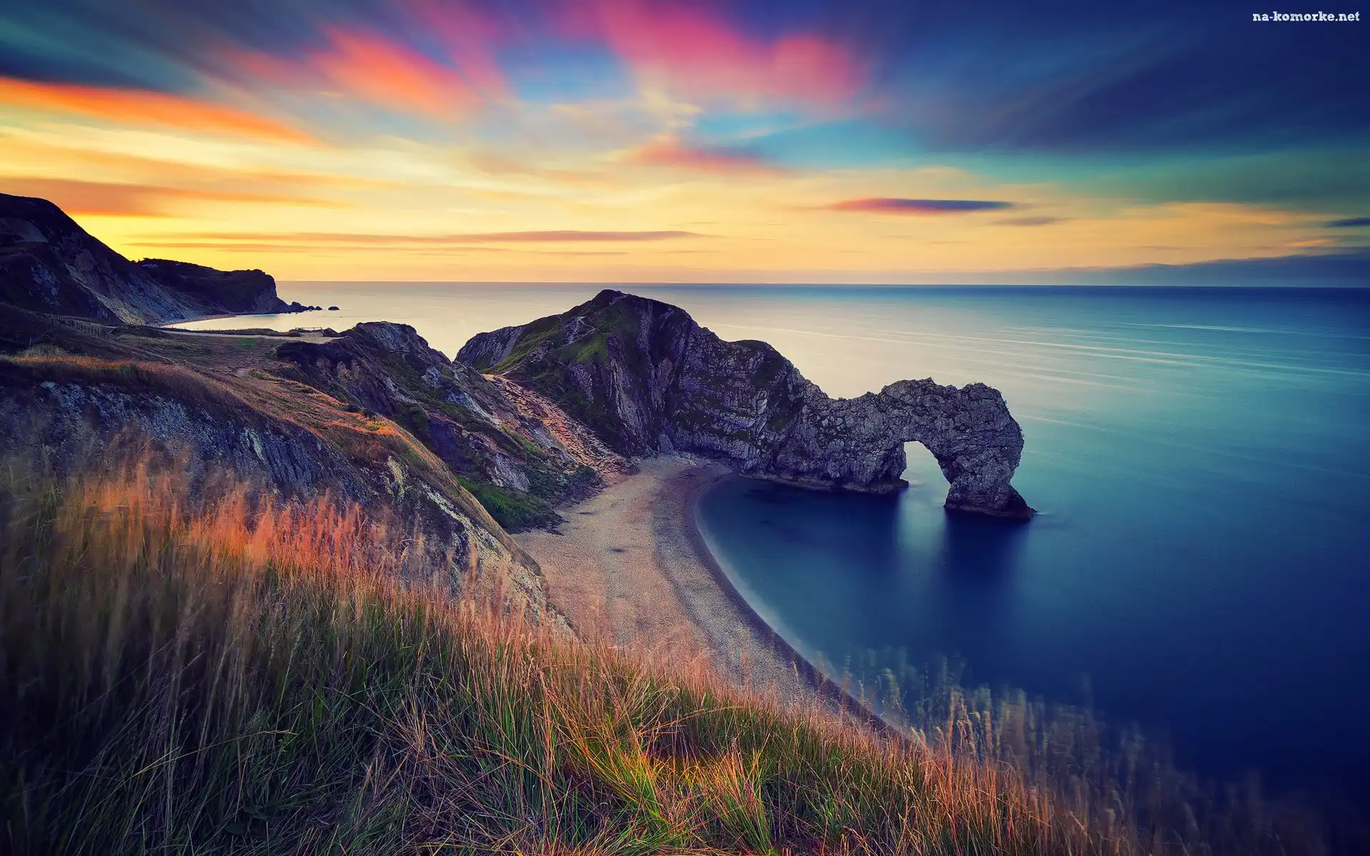 Anglia, Skały, Plaża, Morze, Wybrzeże Jurajskie, Łuk wapienny Durdle Door, Zachód słońca