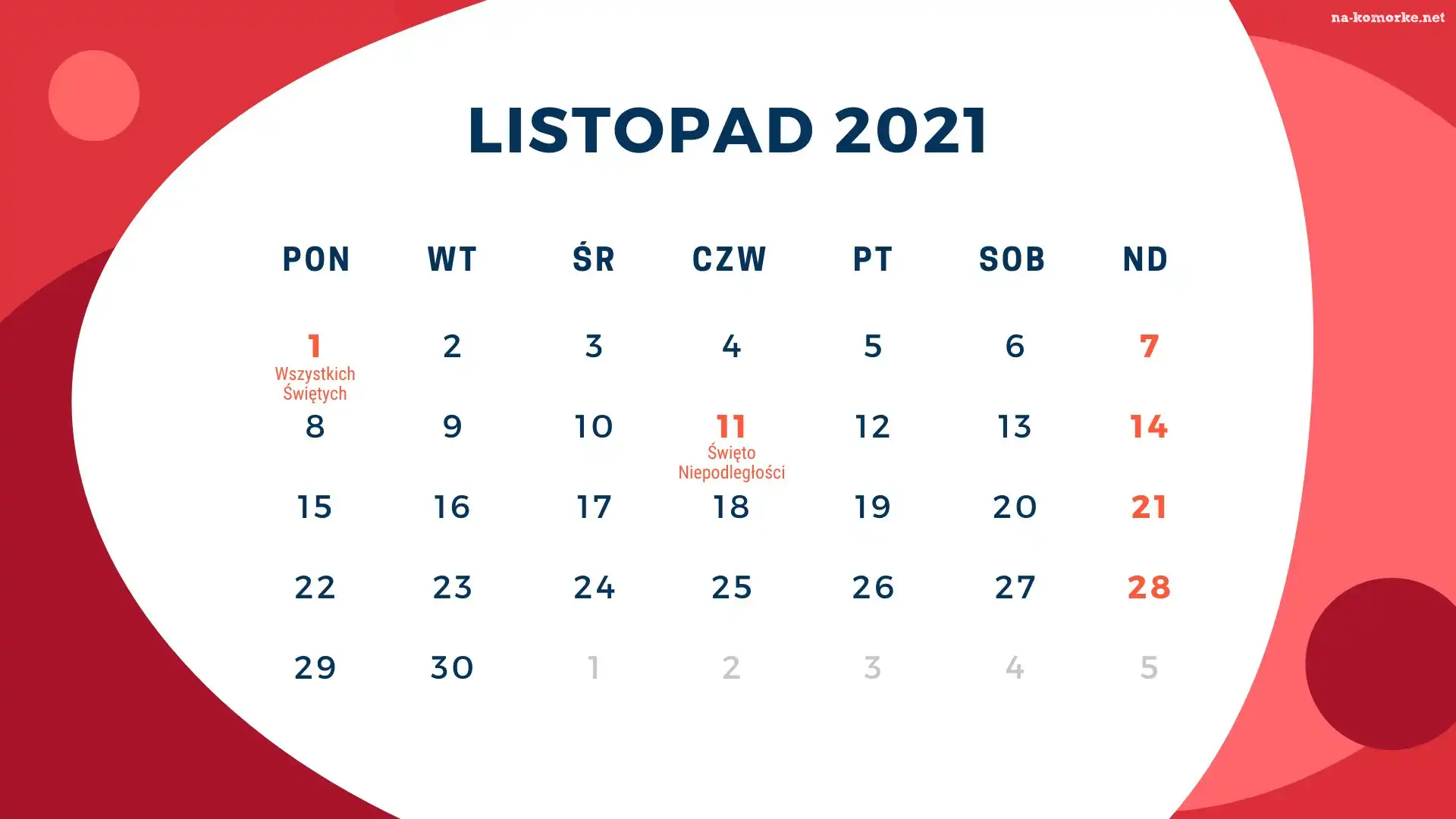 Kalendarz, 2021, Miesiąc, Listopad