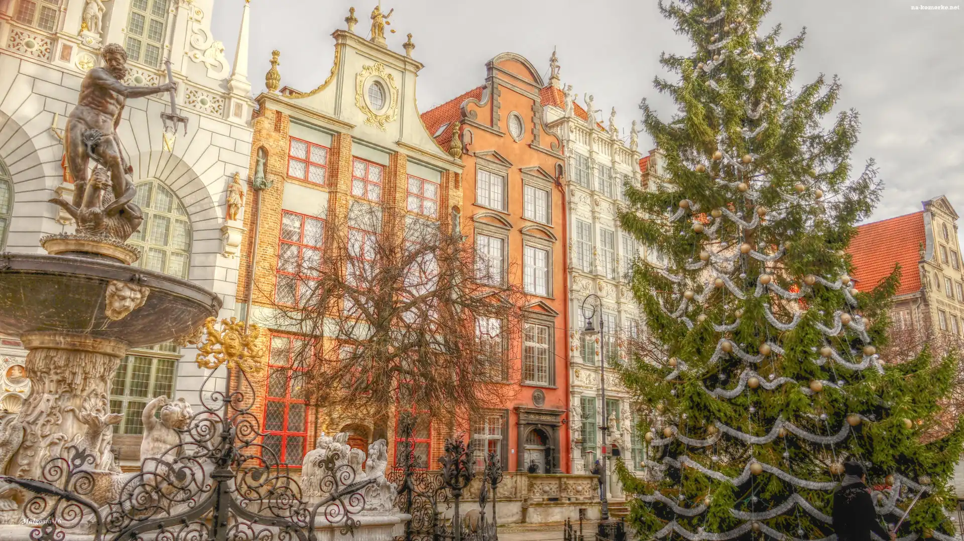 Gdańsk, Kamienice, HDR, Stare Miasto, Posąg, Neptun, Choinka