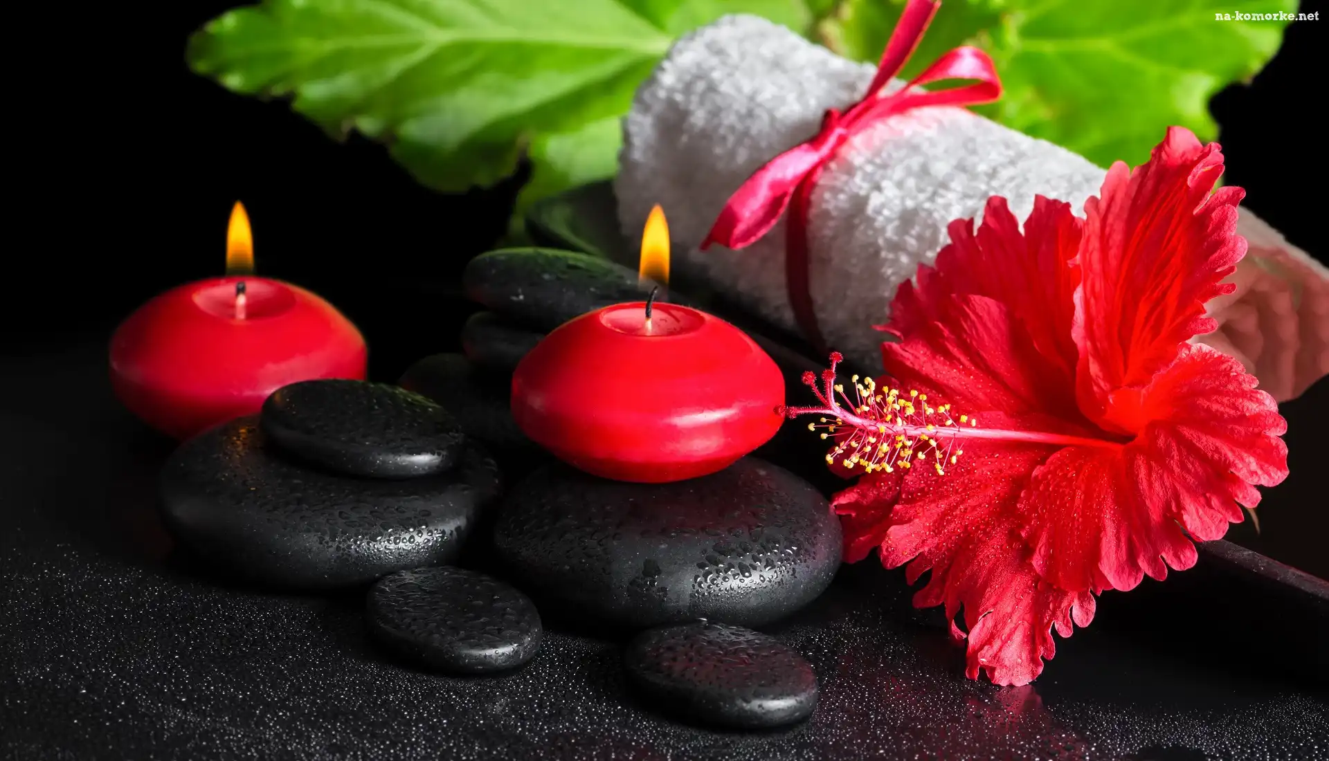SPA, Kamienie, Czerwone, Ręcznik, Relaks, Świece, Kwiat, Hibiskus