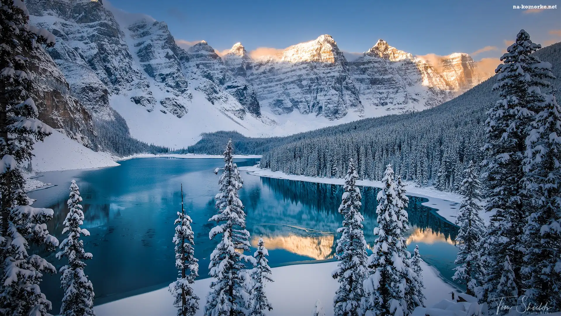 Jezioro, Zima, Drzewa, Moraine Lake, Kanada, Góry, Park Narodowy Banff, Ośnieżone, Góry