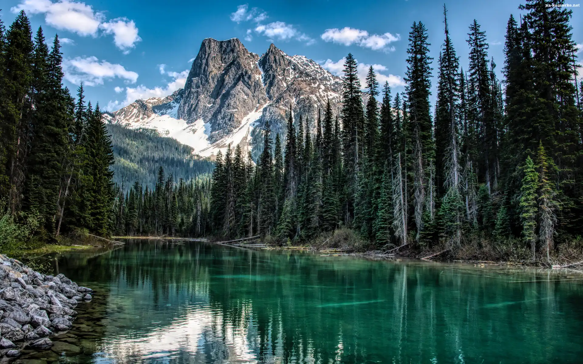 Park Narodowy Yoho, Góry, Kanada, Emerald Lake, Kolumbia Brytyjska, Kamienie, Jezioro, Lasy, Drzewa, Obłoki