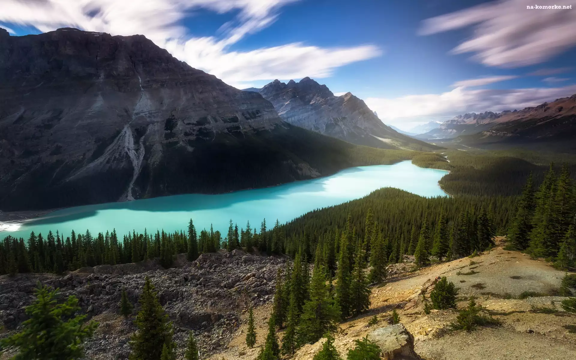 Peyto Lake, Prowincja Alberta, Lasy, Park Narodowy Banff, Chmury, Kanada, Góry, Jezioro