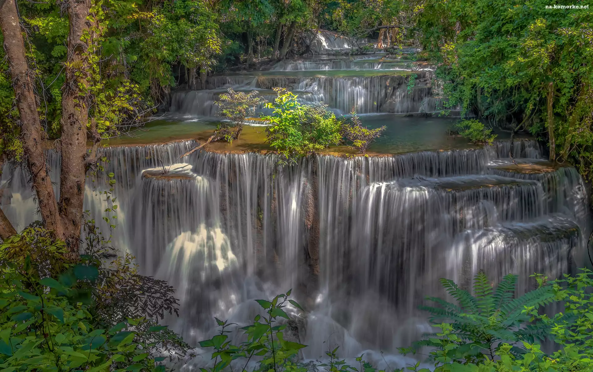Drzewa, Kaskada, Wodospad Erawan, Tajlandia, Park Narodowy Erawan, Prowincja Kanchanaburi