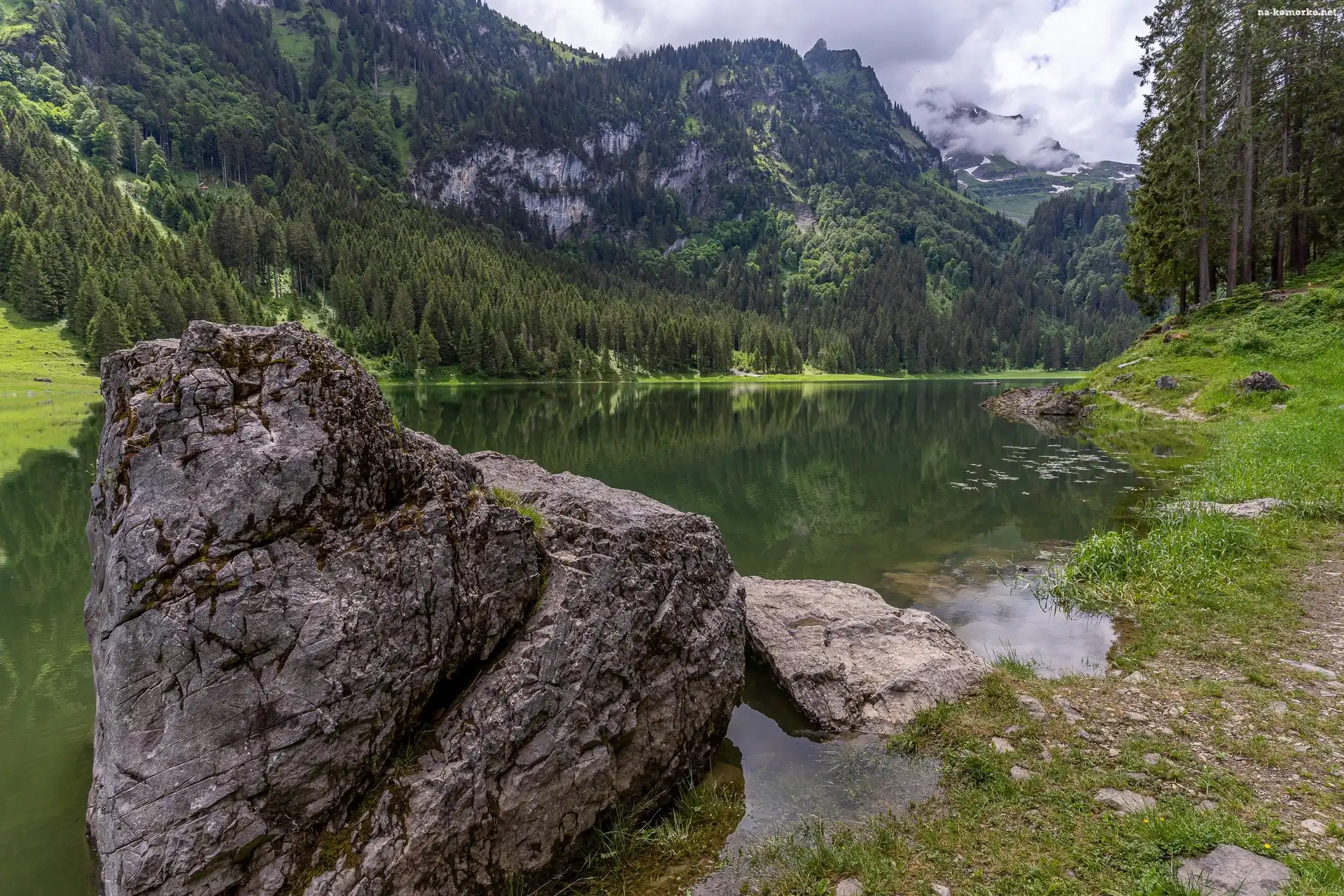 Jezioro Voralpsee, Kanton Sankt Gallen, Góry, Szwajcaria, Kamień, Alpy, Drzewa, Lasy
