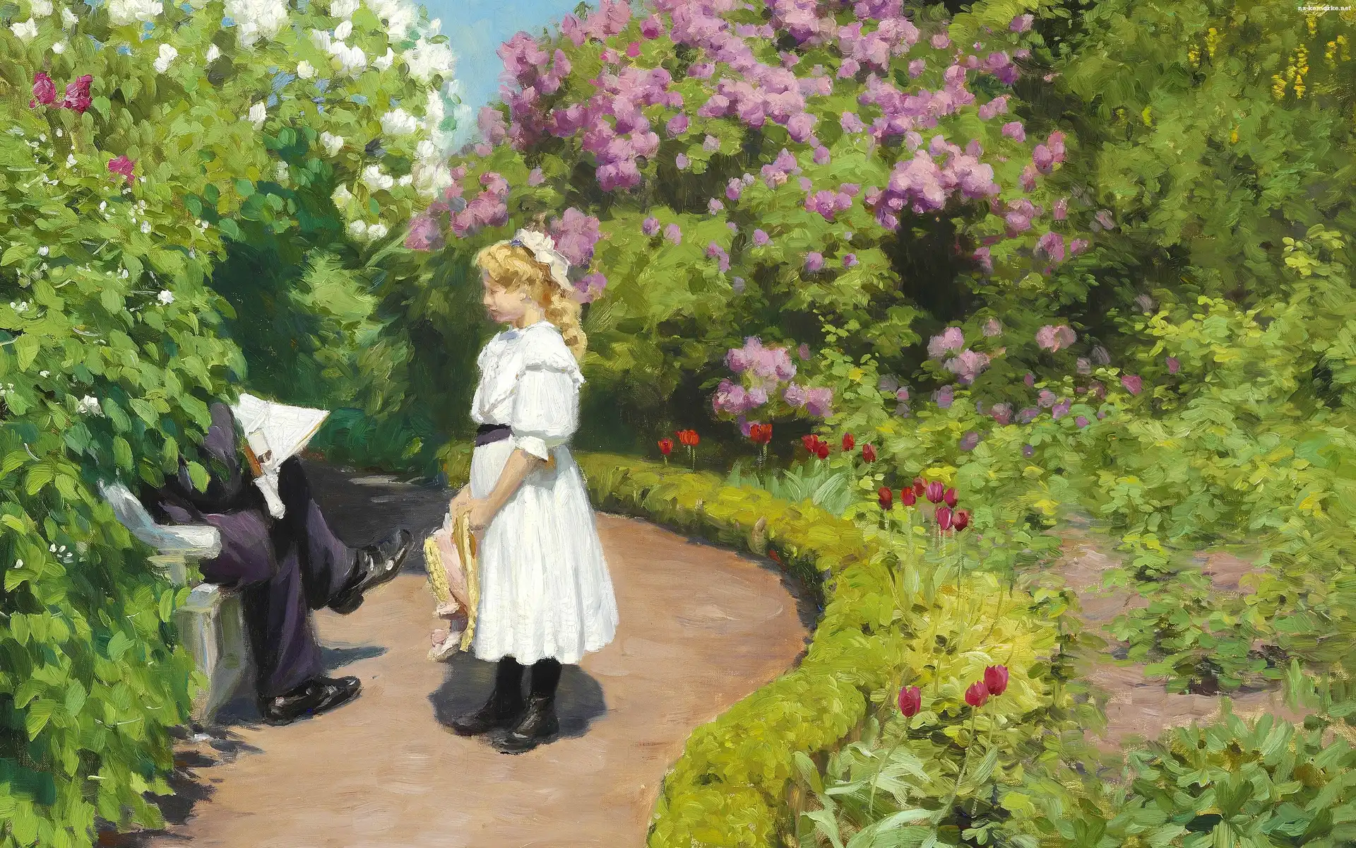 Park, Malarstwo, Hans Andersen Brendekilde, Ogród, Kwiaty, Dziewczynka, Kapelusz