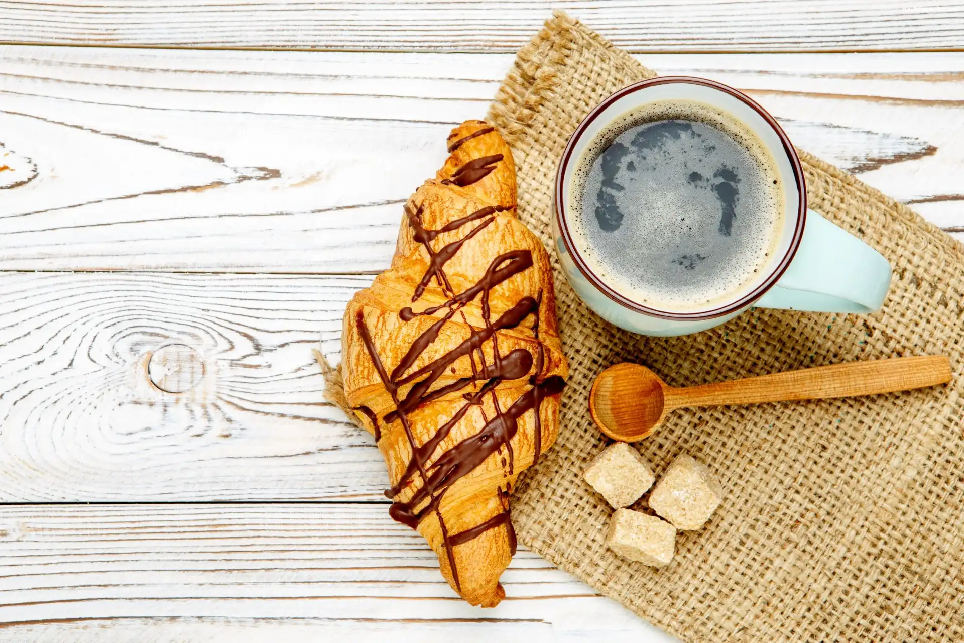 Kawa, Łyżeczka, Croissant, Drewniana