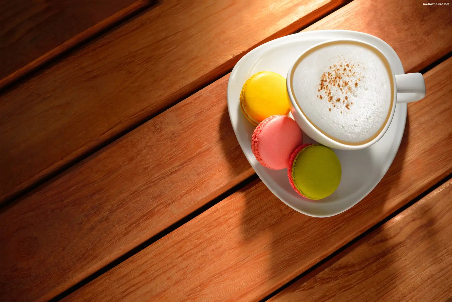 Kawa, Filiżanka, Deski, Makaroniki, Spodek, Cappuccino