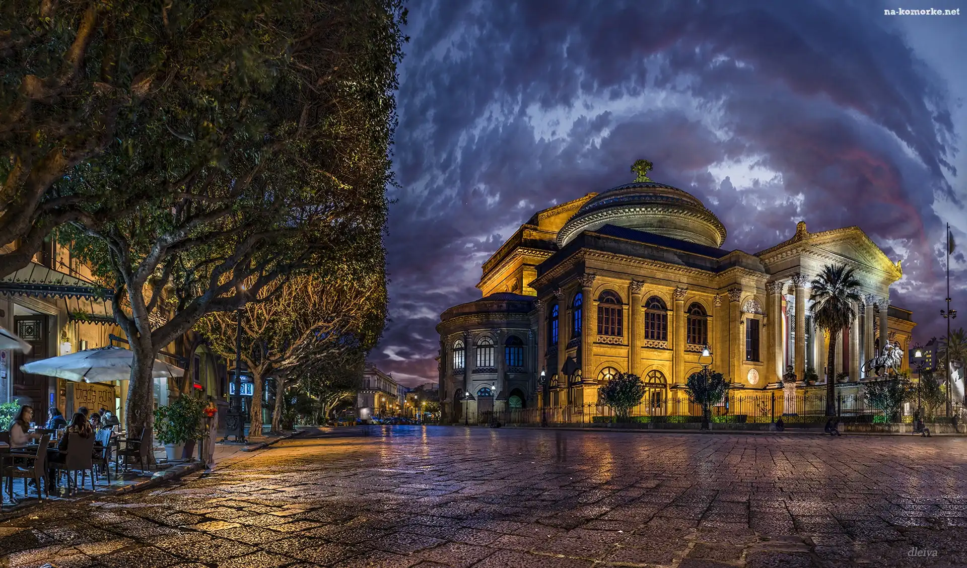 Włochy, Kawiarenka, Palermo, Drzewa, Sycylia, Teatr, Opera, Droga