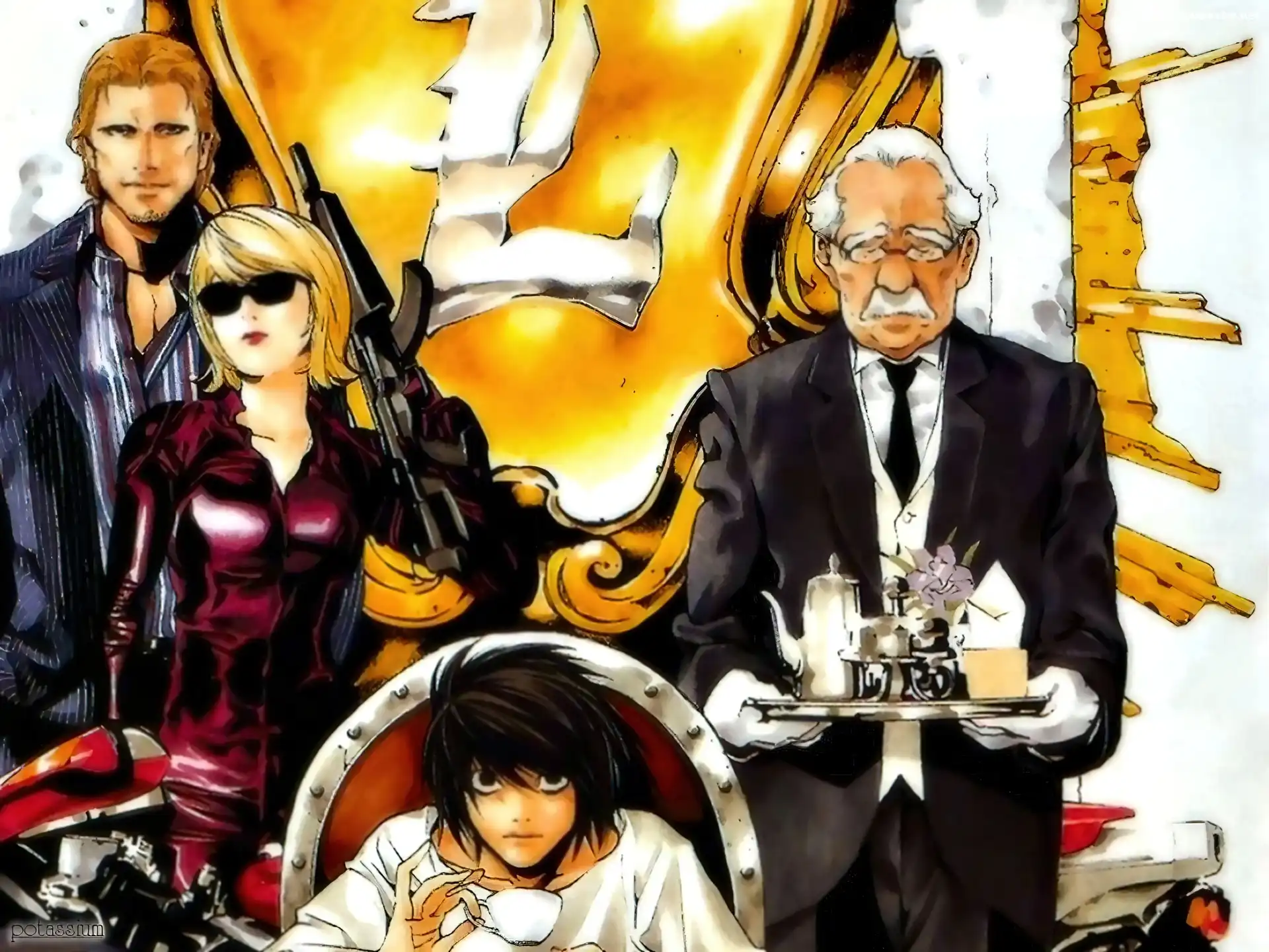 tron, Death Note, pistolet, ludzie, taca, kelner