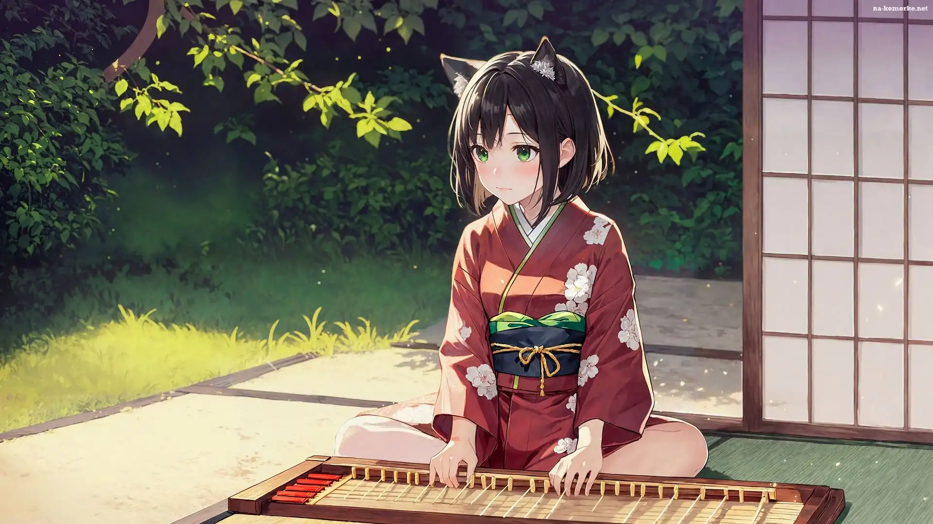 Kimono, Dom, Drzewa, Dziewczyna, Trawa, Manga Anime, Instrument, Uszy