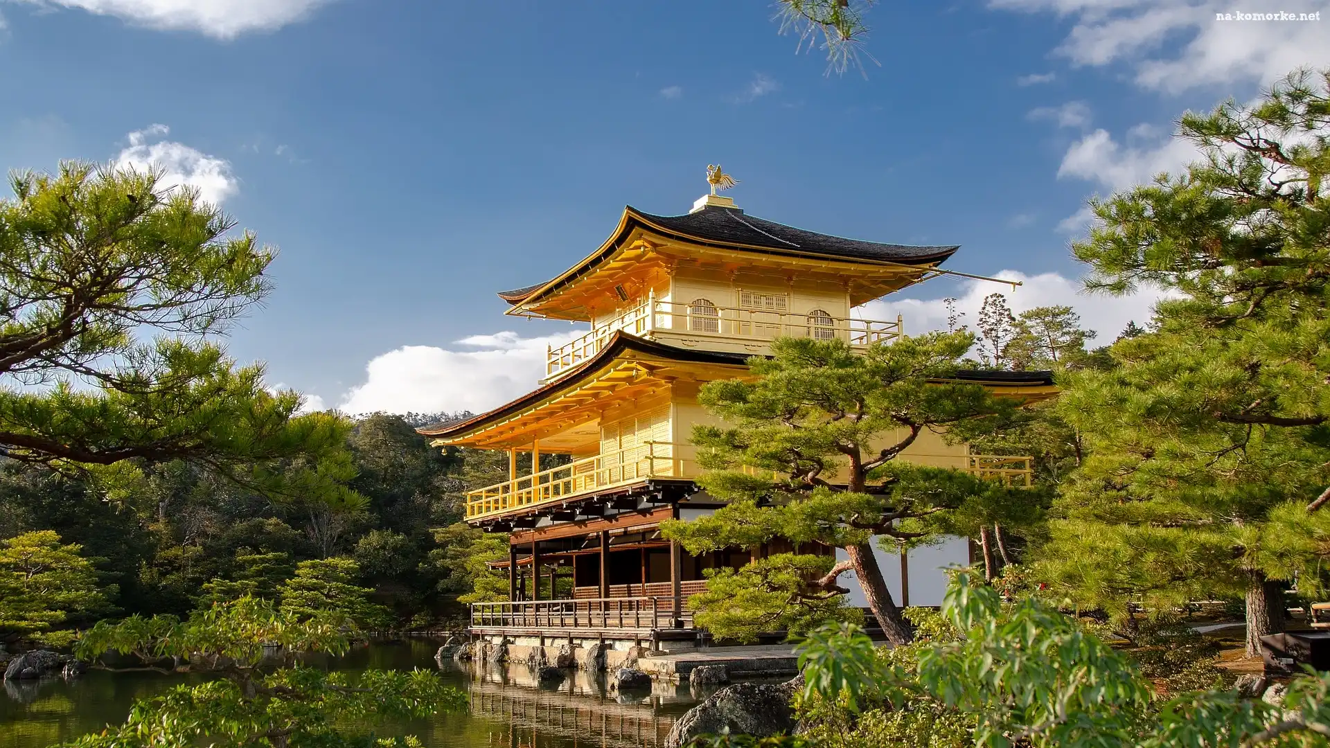 Świątynia Kinkaku-ji, Kioto, Japonia, Rokuon-ji, Złoty Pawilon, Drzewa, Staw Kyko chi