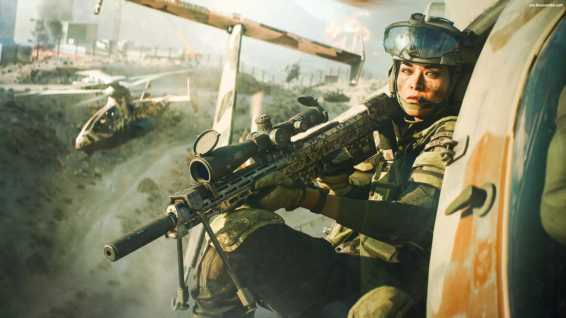 Kobieta, Gogle, Snajperka, Gra, Chełm, Helikoptery, Broń, Battlefield 2042