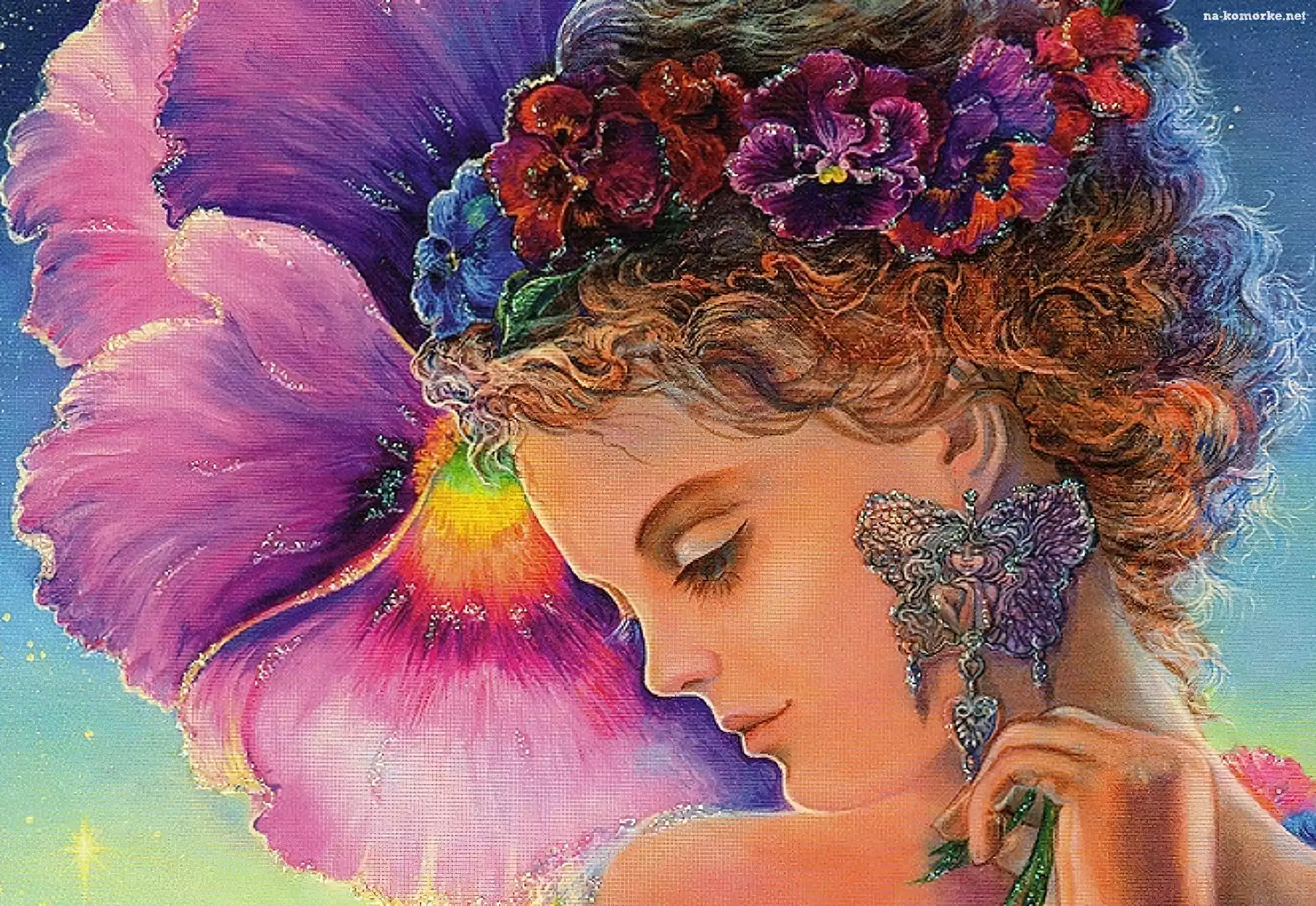 Kobieta, Josephine Wall, Kolczyk, Kwiaty