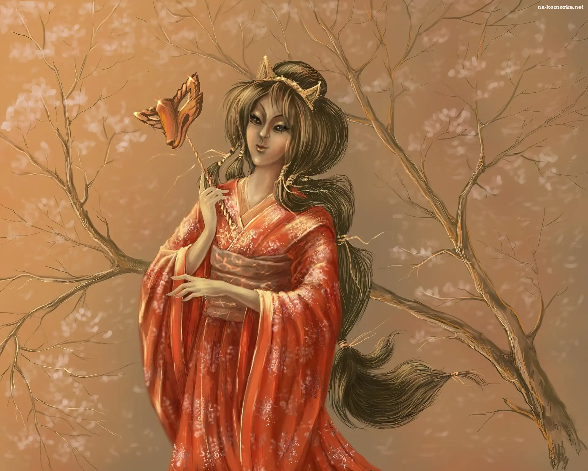 Kobieta, Drzewo, Maska, Kimono