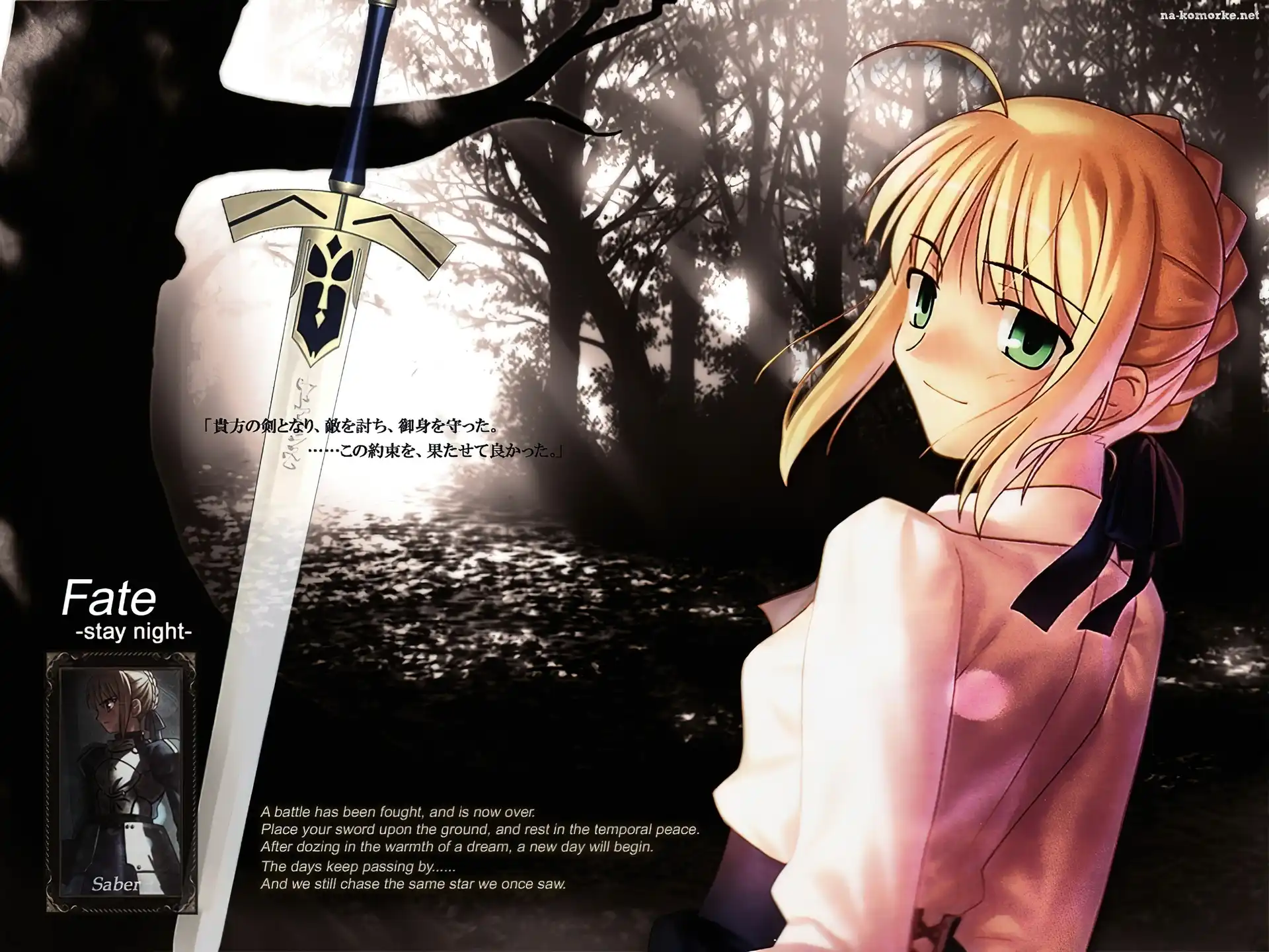 zdjęcie, kobieta, Fate Stay Night, las, miecz, napisy