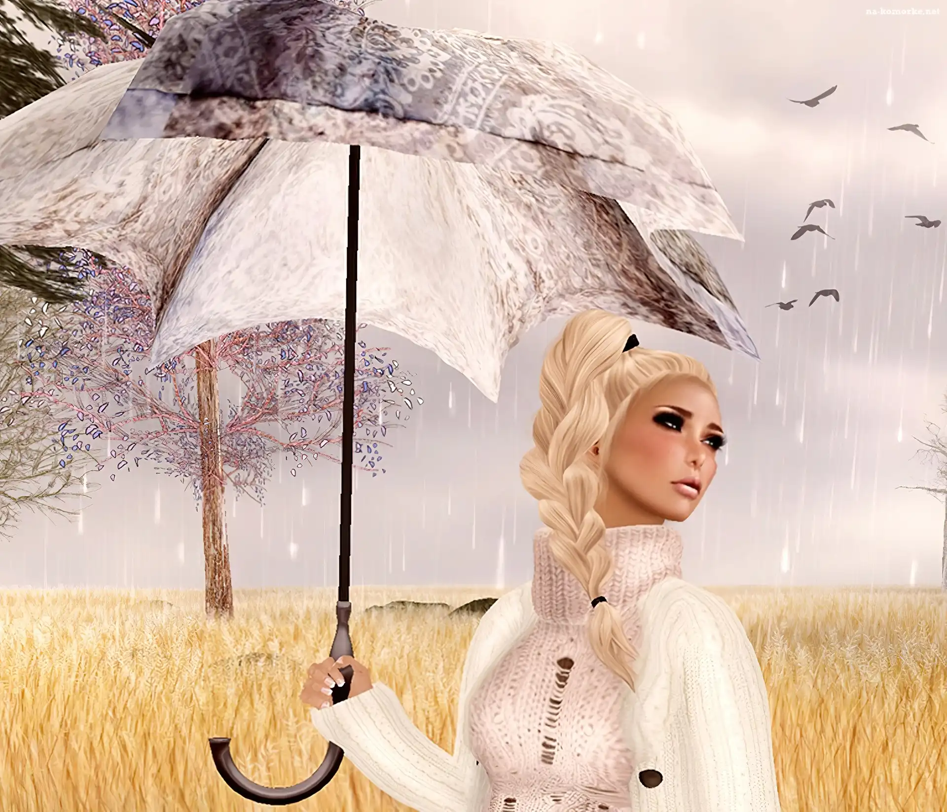 Kobieta, Grafika 2D, Parasol, Deszcz