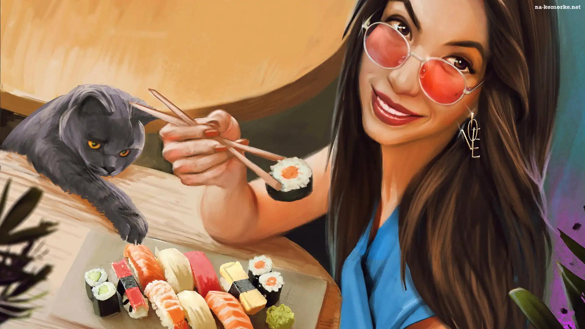 Kobieta, Grafika, Sushi, Kot