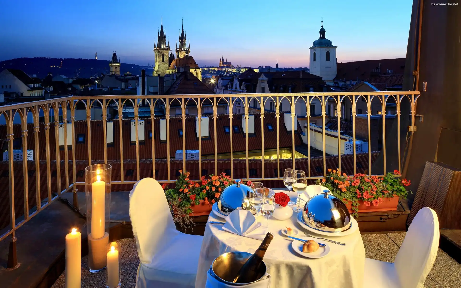 Kolacja, Praga, Czechy, Balkon, Stolik