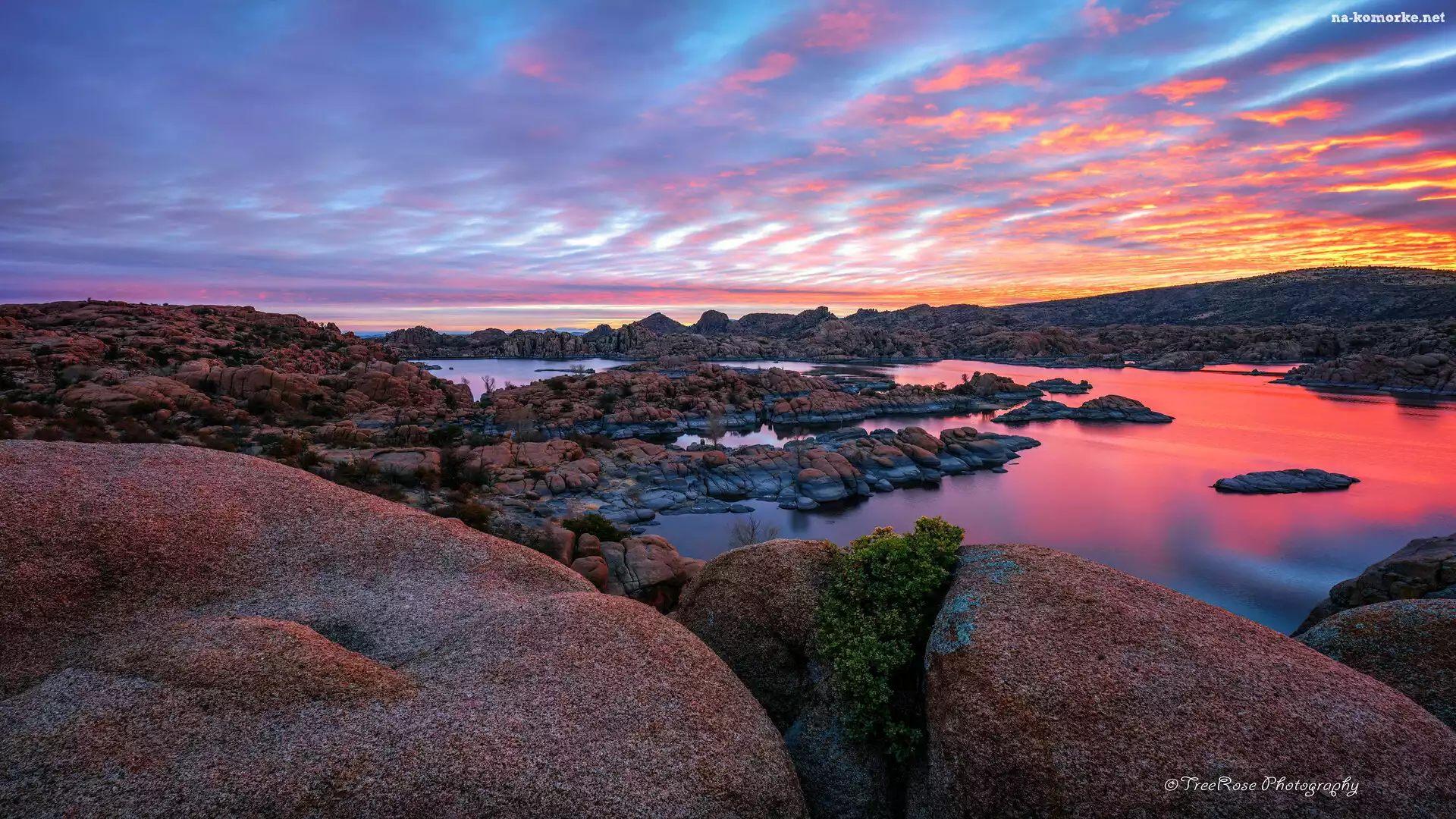 Prescott, Watson Lake, Stany Zjednoczone, Jezioro, Wschód słońca, Niebo, Kolorowe, Skały, Arizona