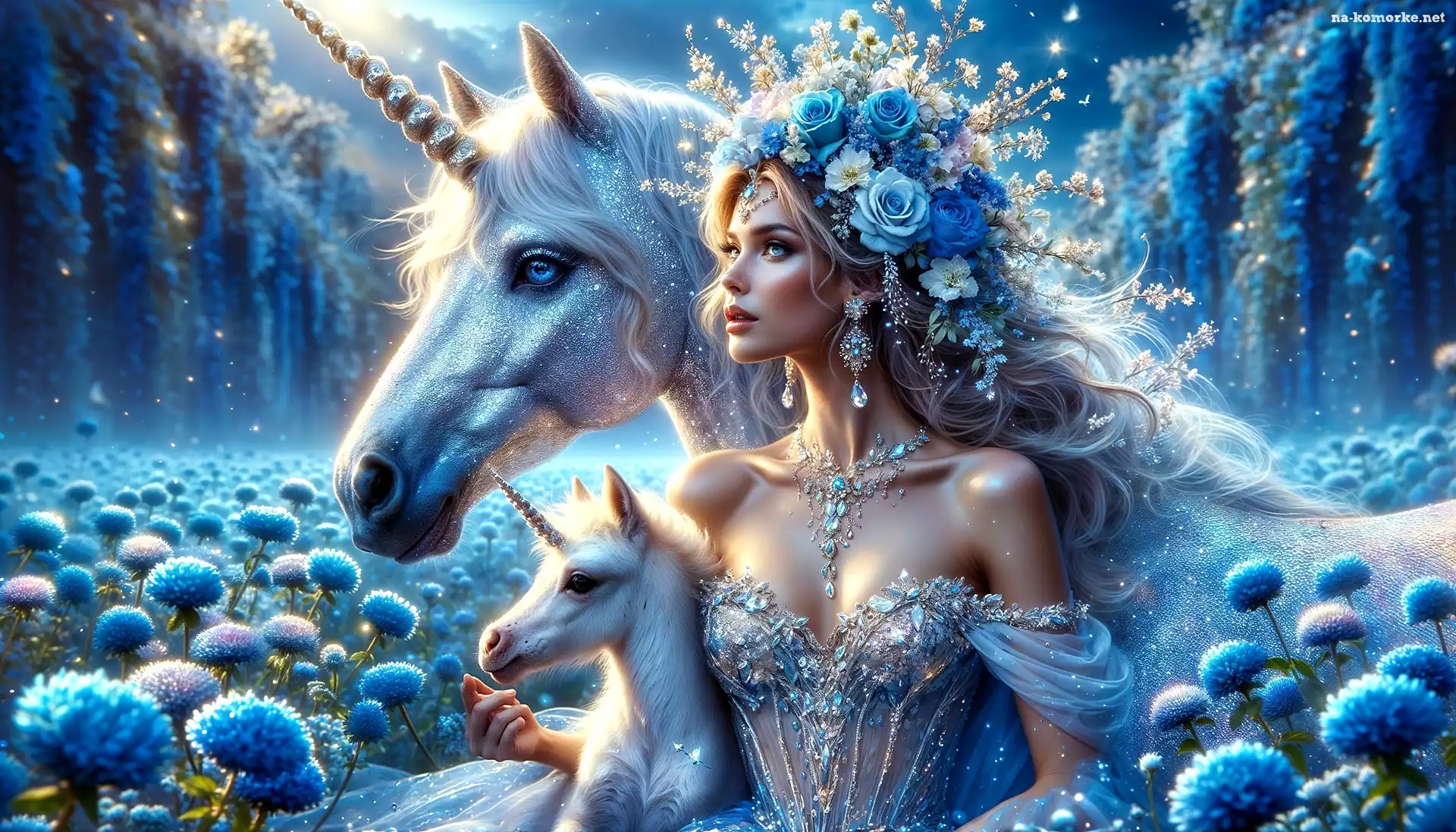 Kobieta, Konie, Jednorożce, Kwiaty, Fantasy