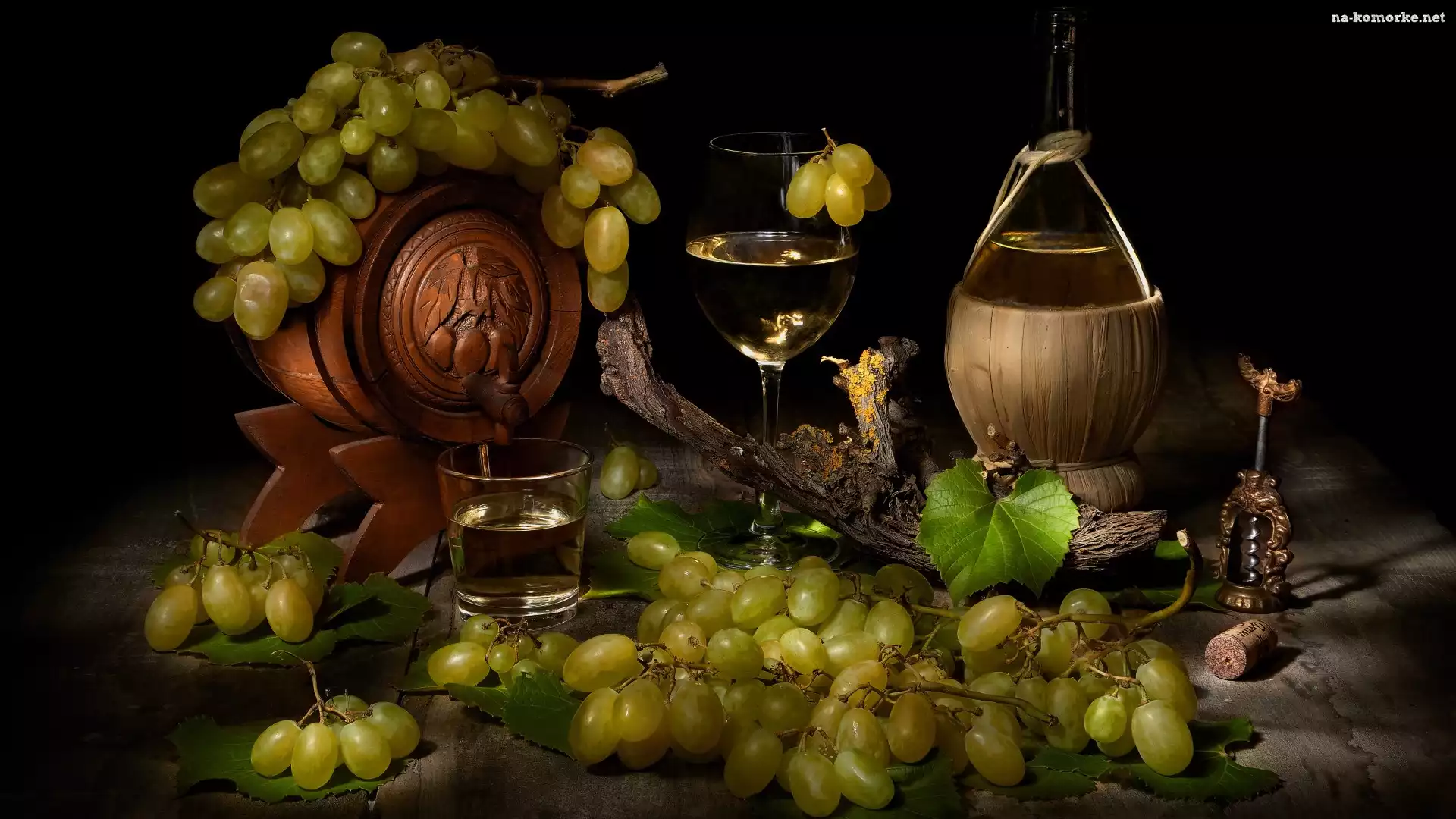 Liście, Wino, Szklanka, Kieliszek, Kompozycja, Winogrona, Beczułka, Butelka, Korkociąg