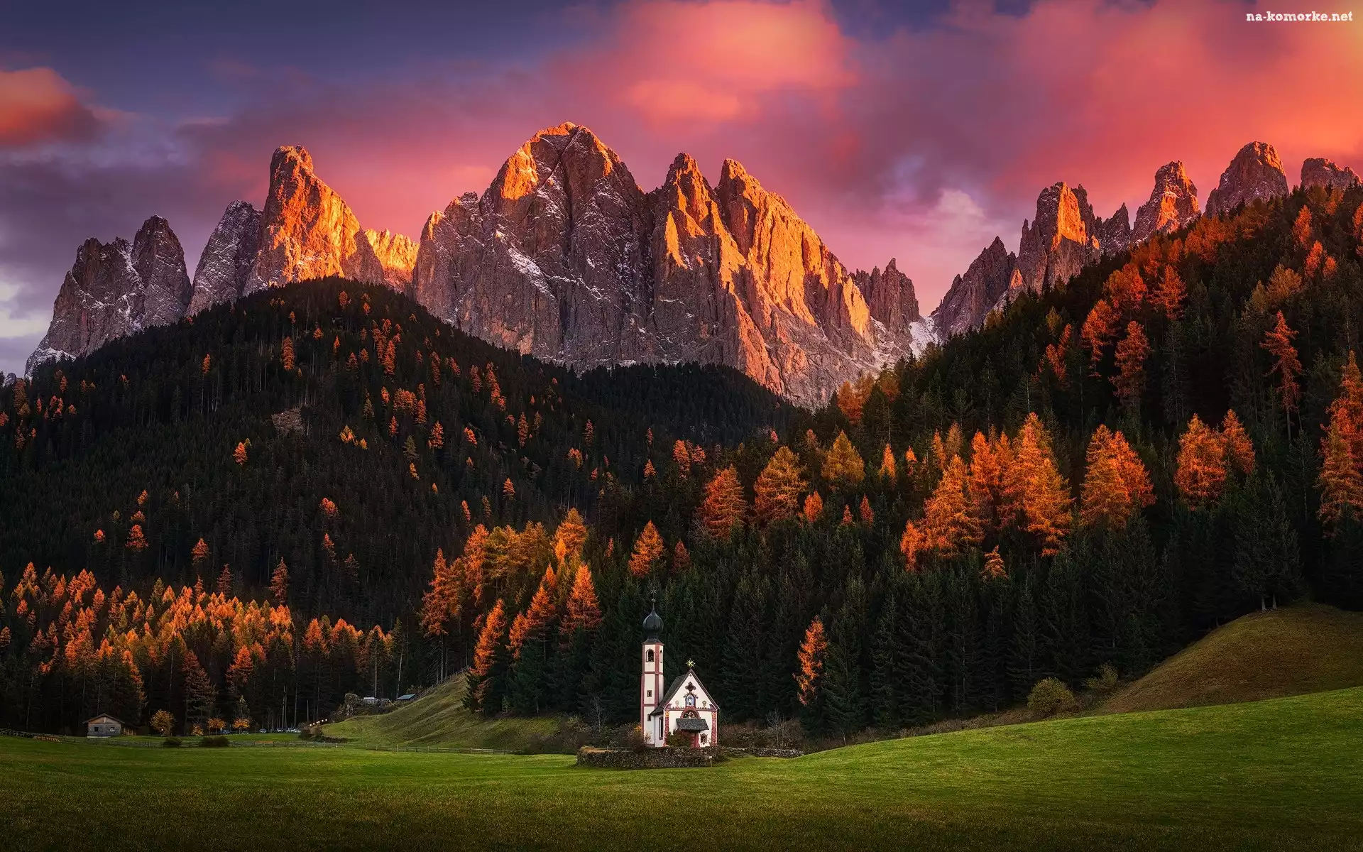 Kościół św. Jana, Zachód słońca, Włochy, Las, Dolina Val di Funes, Masyw Odle, Góry Dolomity