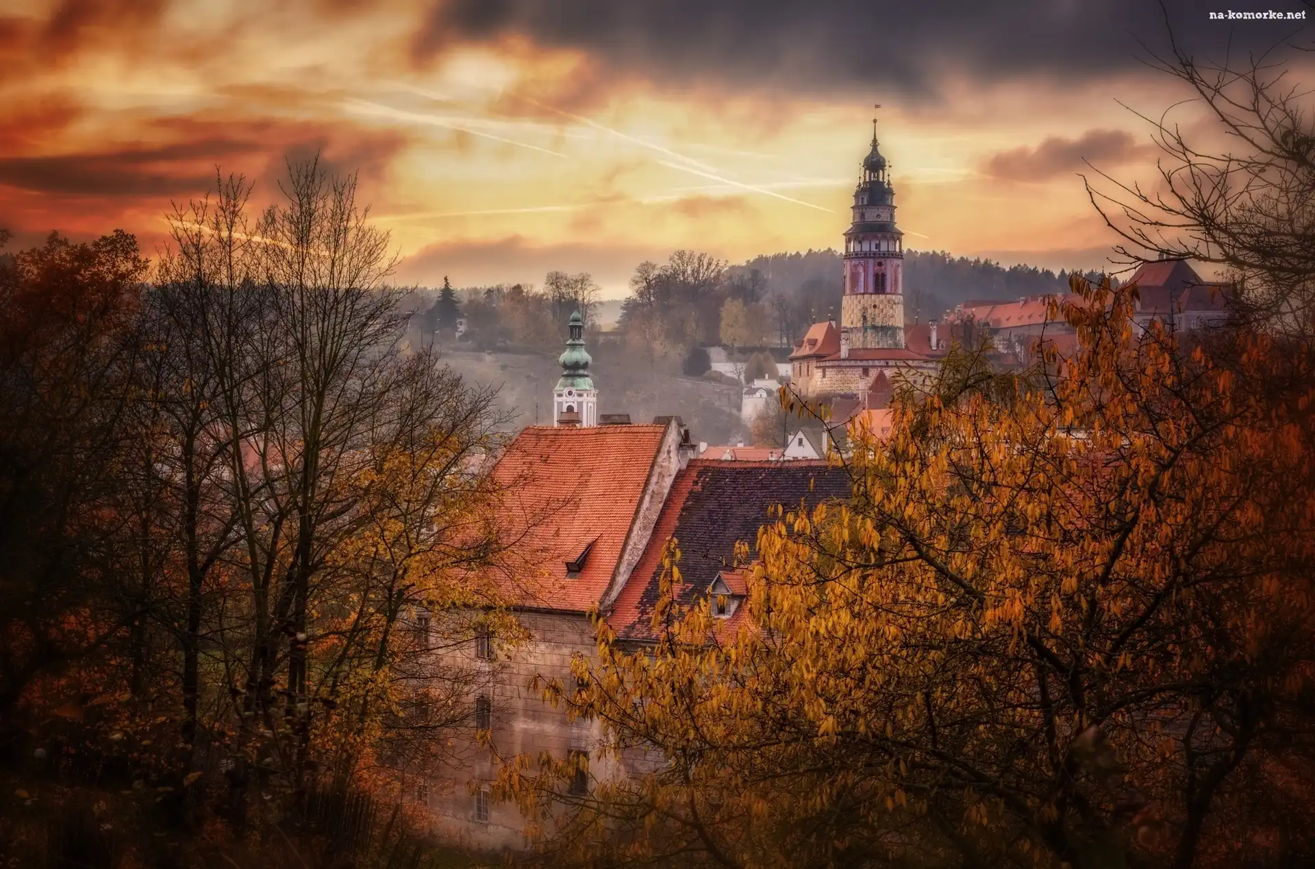 Kościół, Jesień, Drzewa, Mgła, Domy