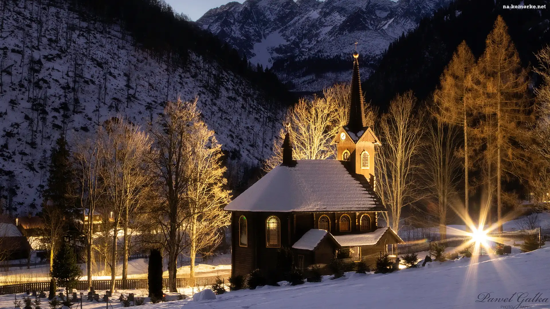 Noc, Góry, Drzewa, Światła, Słowacja, Tatry, Jaworzyna Tatrzańska, Zima, Kościół