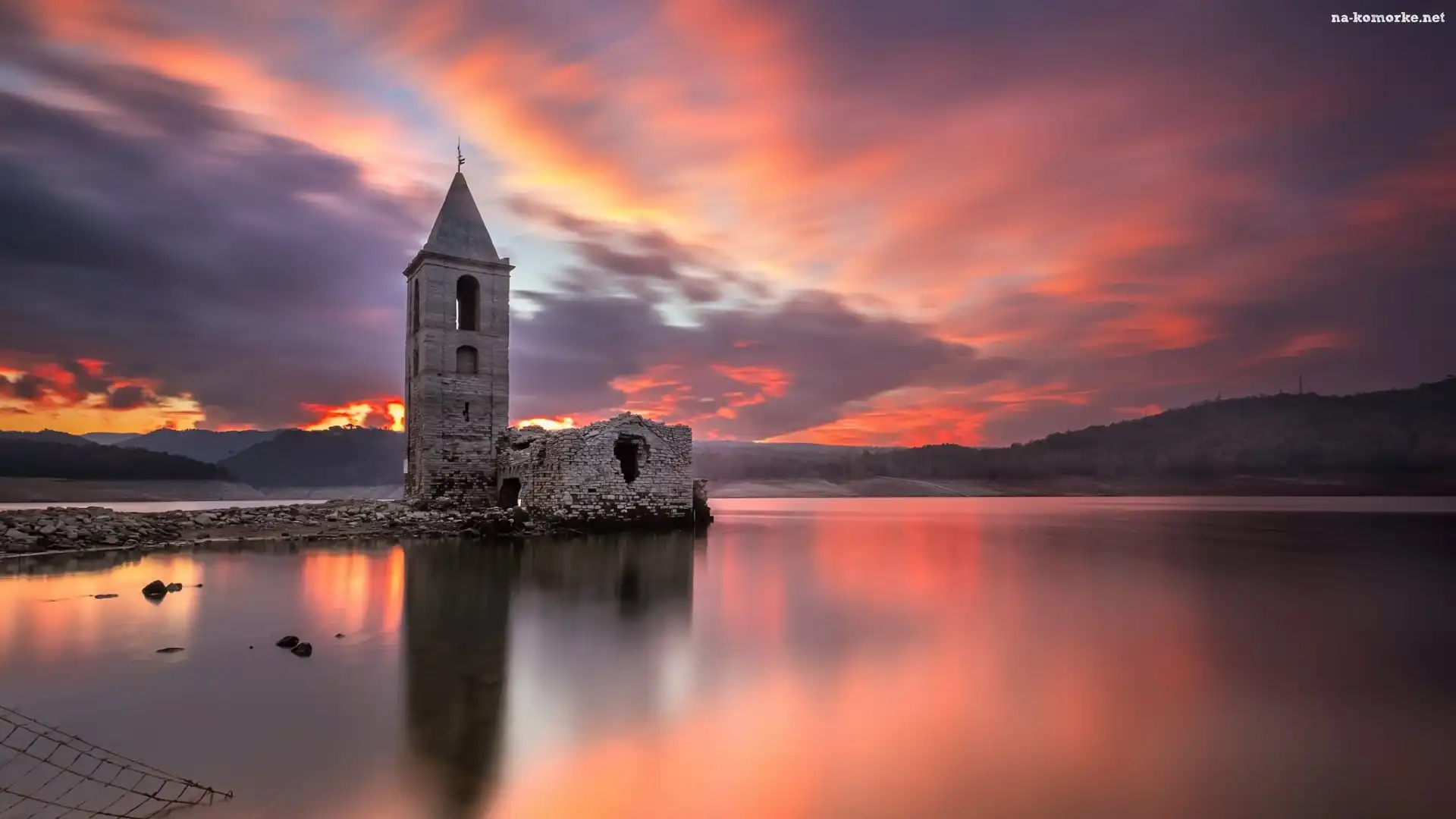 Kościół, Prowincja Barcelona, Jezioro, Hiszpania, Church of Sant Roma, Zbiornik, Panta de Sau, Zachód słońca