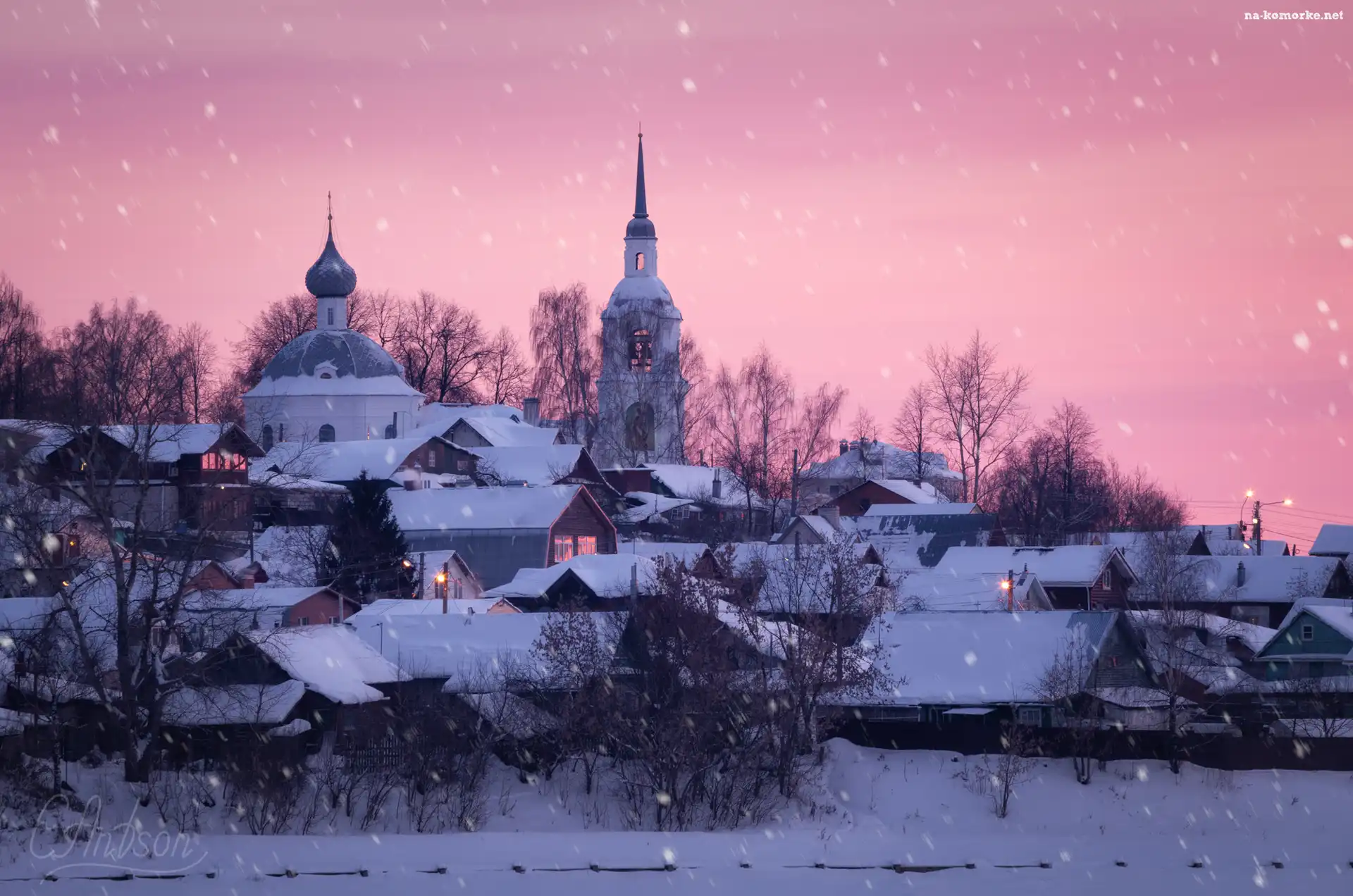 Domy, Kostroma, Drzewa, Rosja, Cerkiew, Padający, Śnieg, Zima