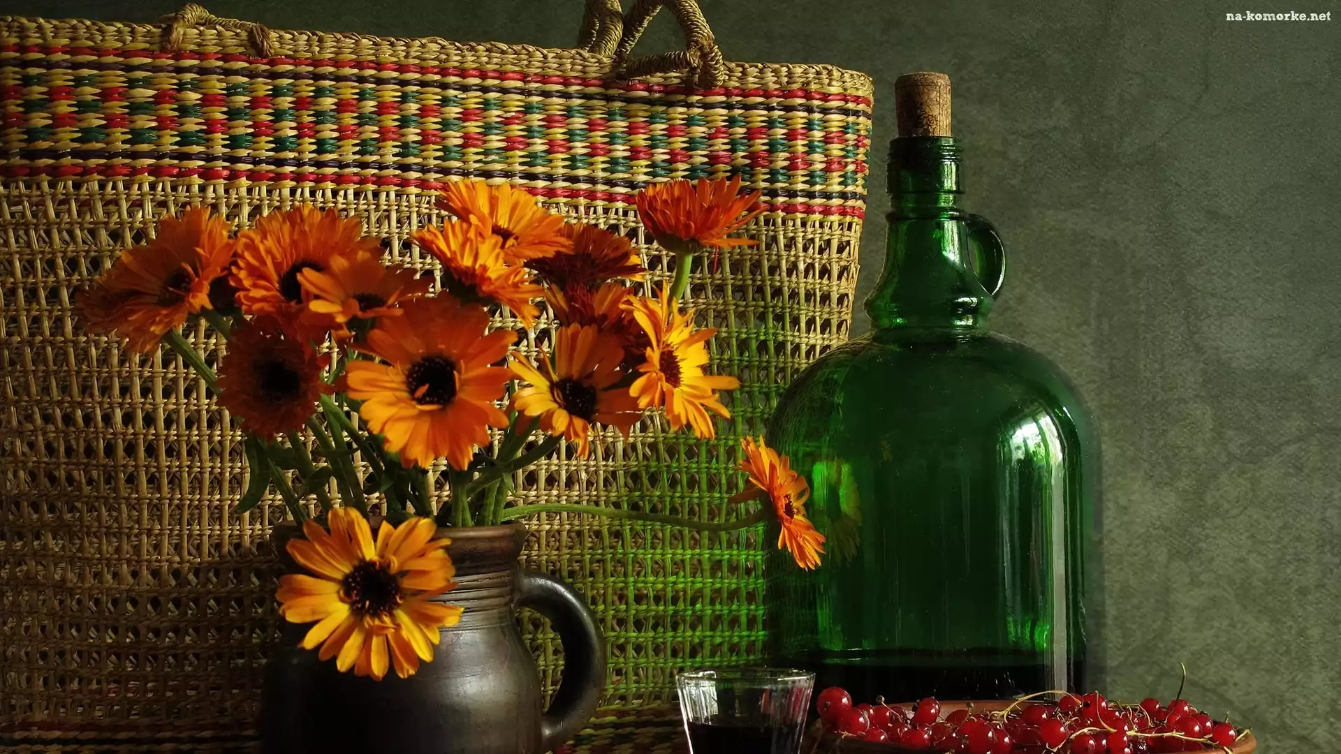 Kosz, Butelka, Pomarańczowe, Margerytki