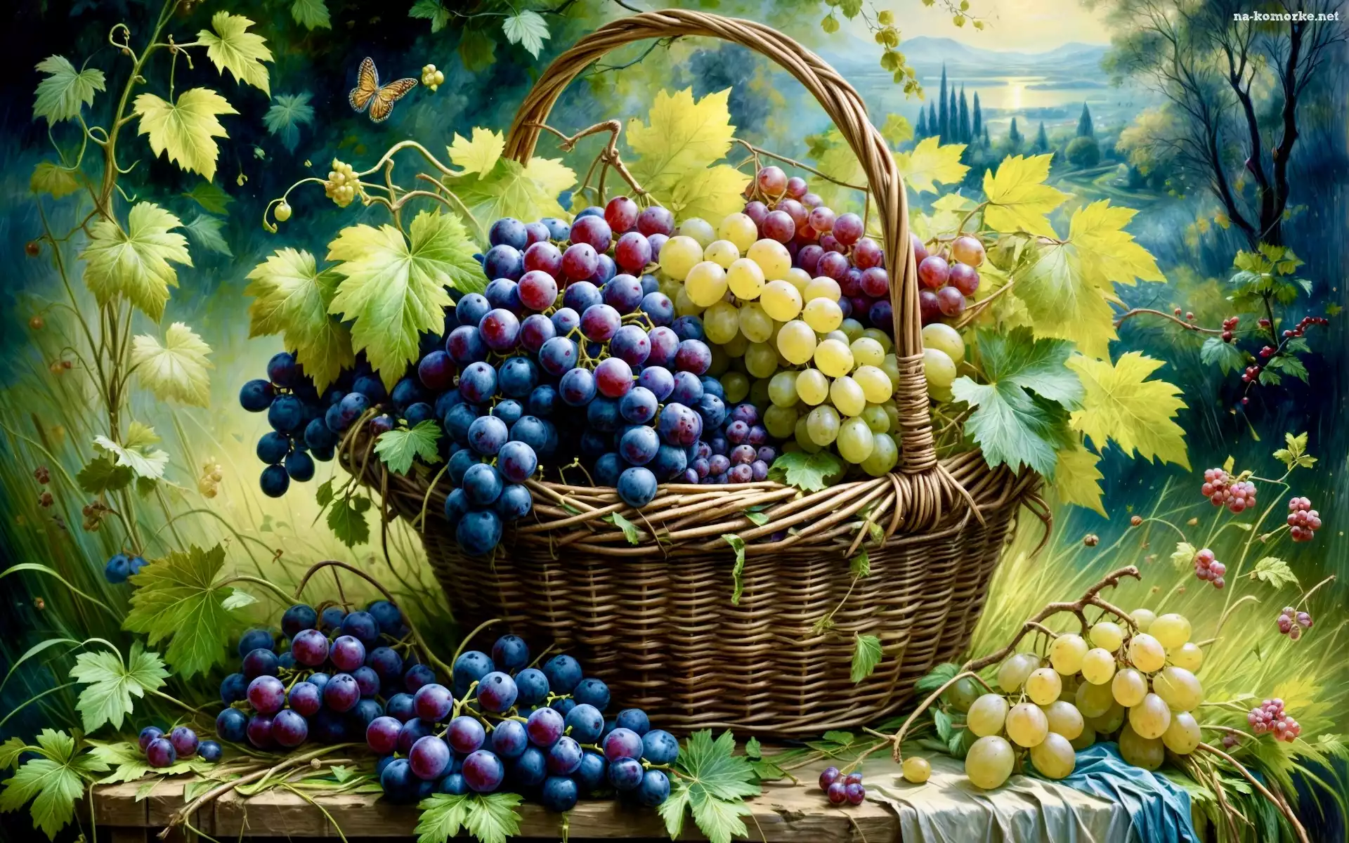 Winogrona, Liście, Grafika, Koszyk