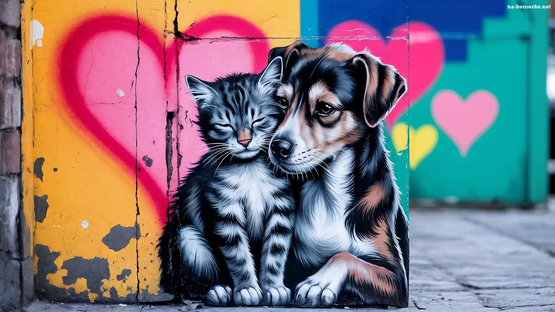 Mural, Grafika, Street Art, AI, Pies, Serce, Kot