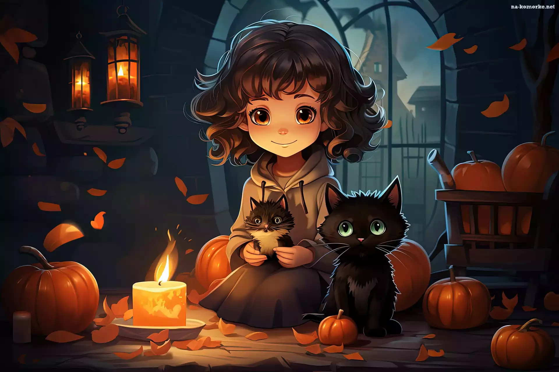 Halloween, Koty, Dynie, Dziewczynka, Åšwieca