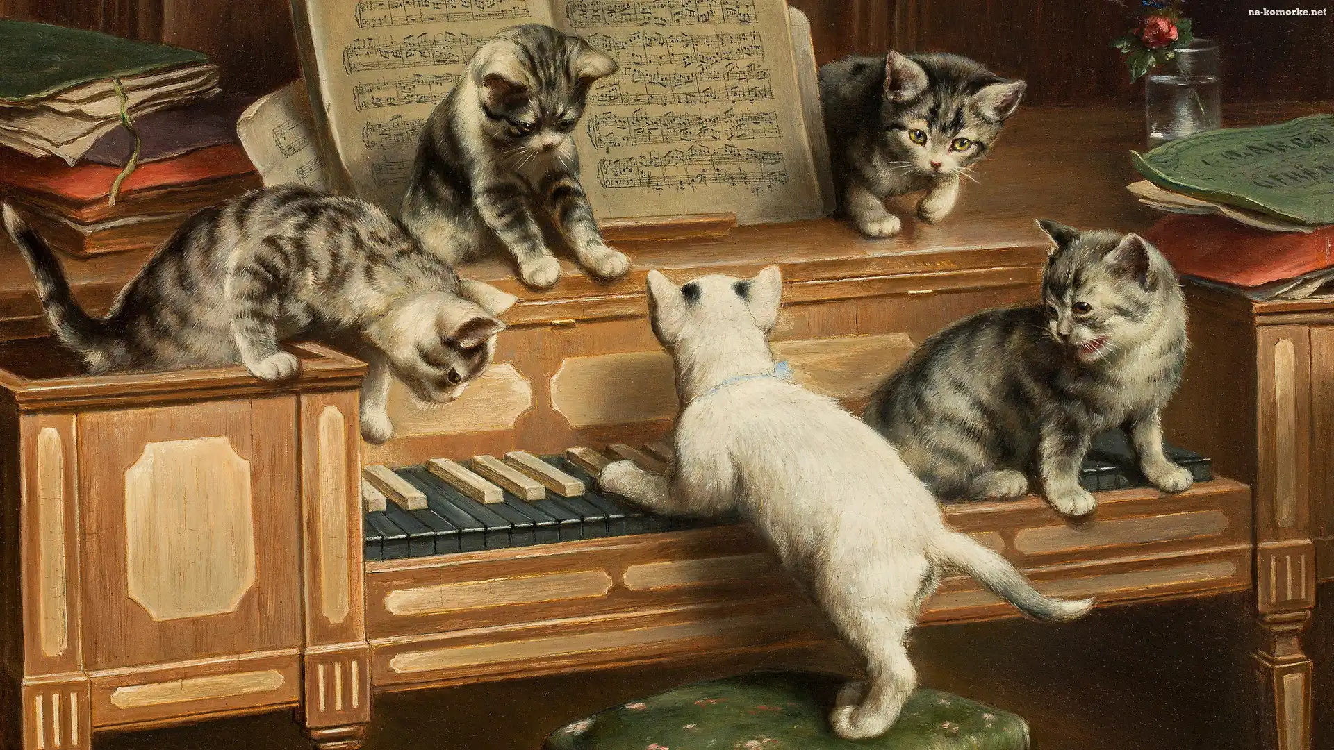 Malarstwo, Carl Reichert, Koty, Obraz, Pianiono