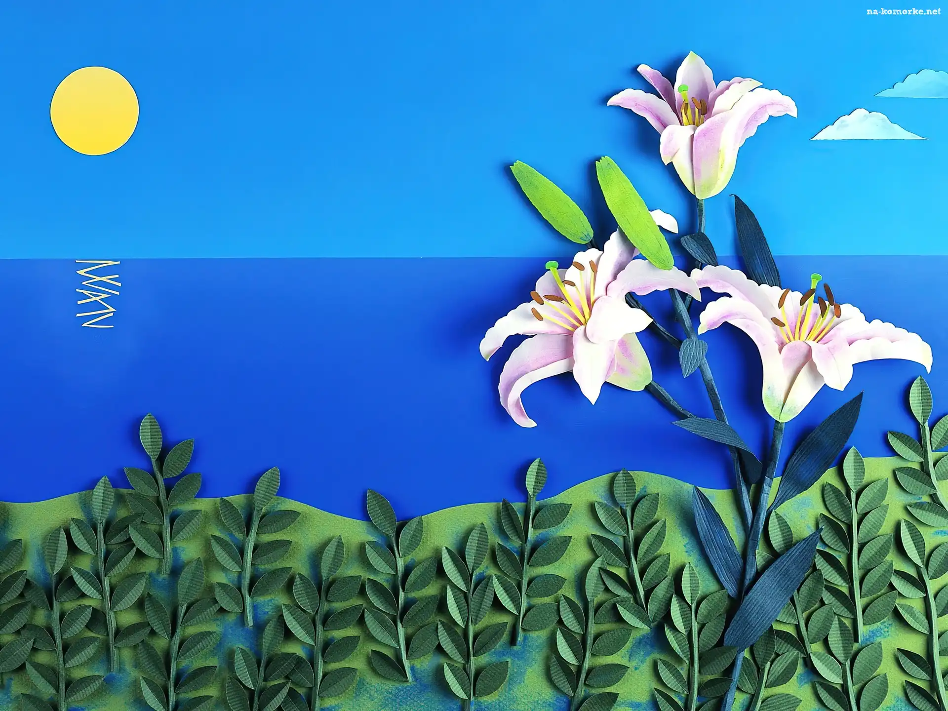 Krajobraz, Papier Art, Słońce, Lilie