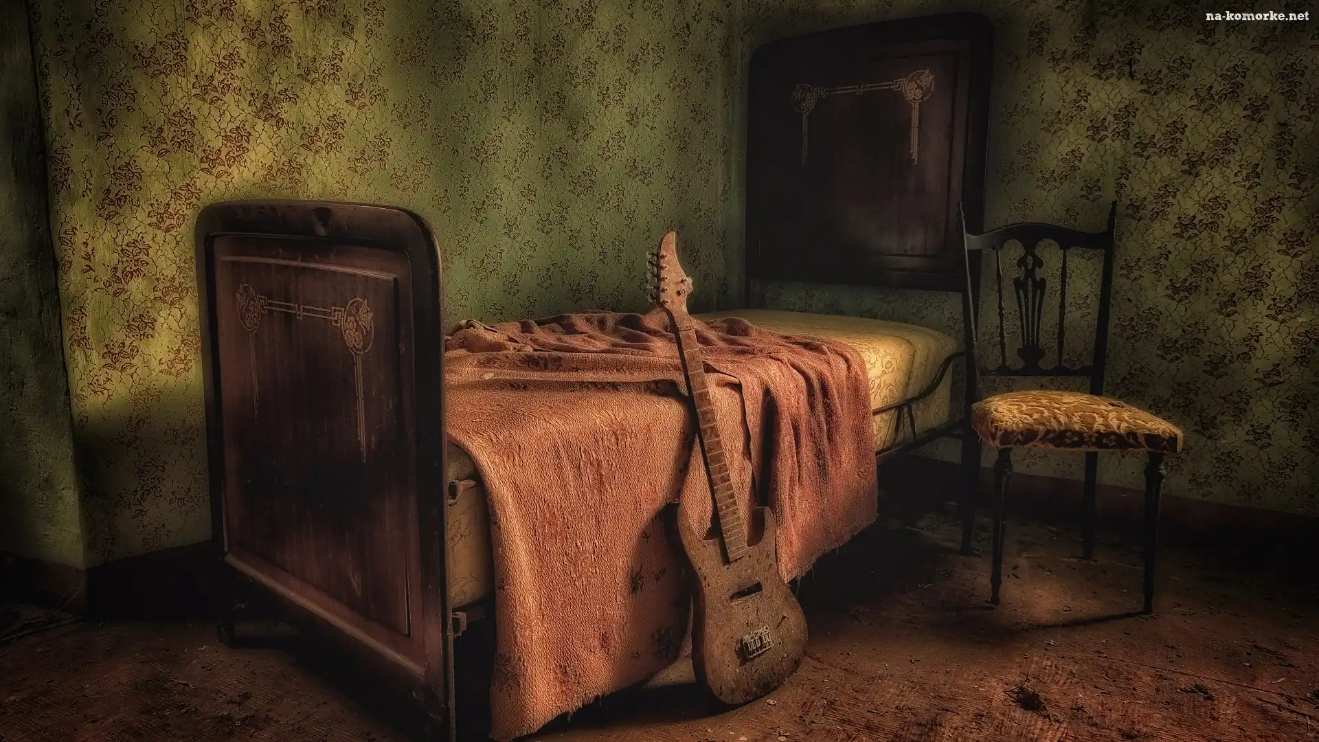 Krzesło, Zaniedbany, Pokój, Łóżko, Gitara