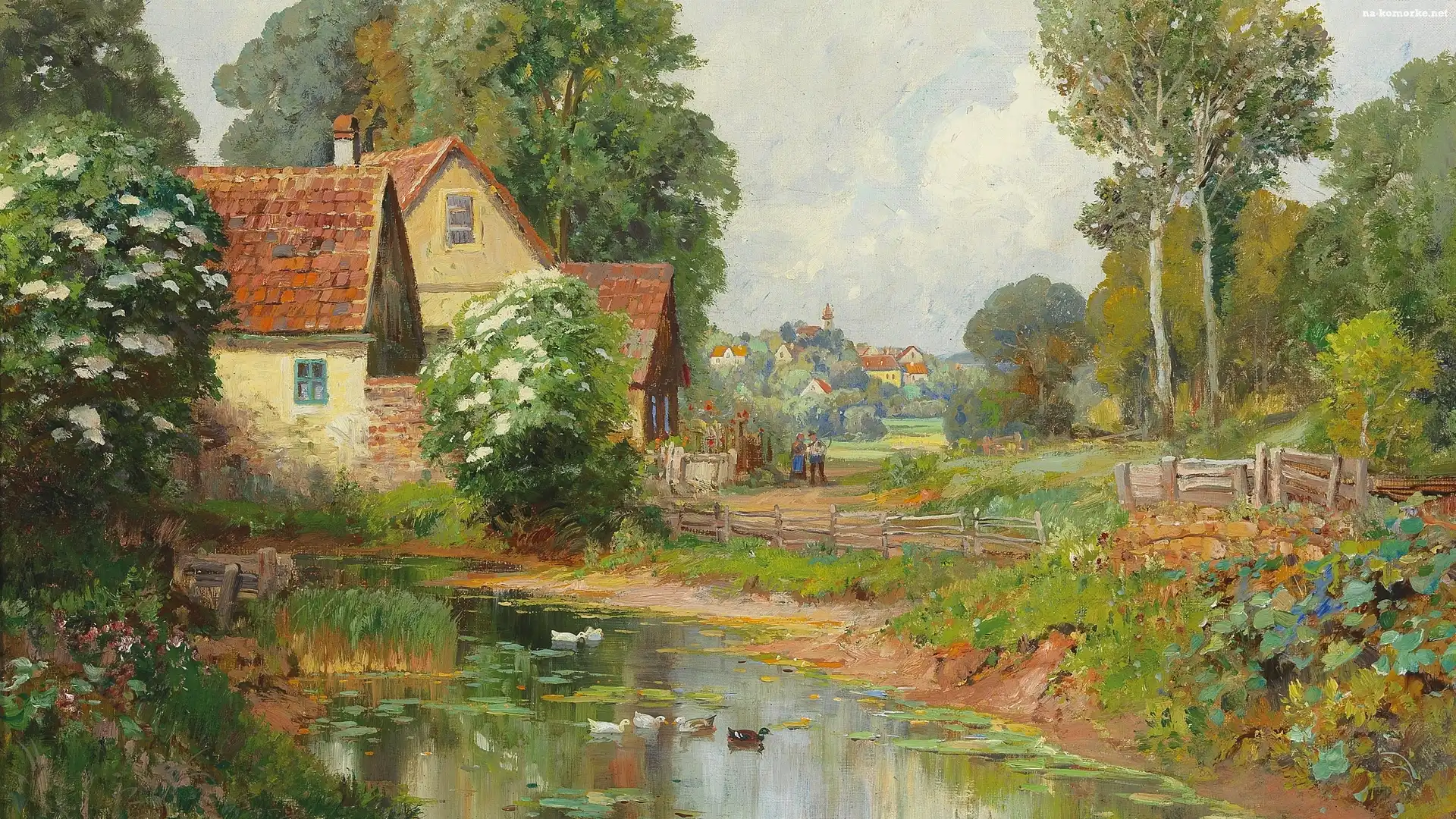 Obraz, Wieś, Krzewy, Malarstwo, Drzewa, Dom, Alois Arnegger, Wiosna, Staw, Kaczki