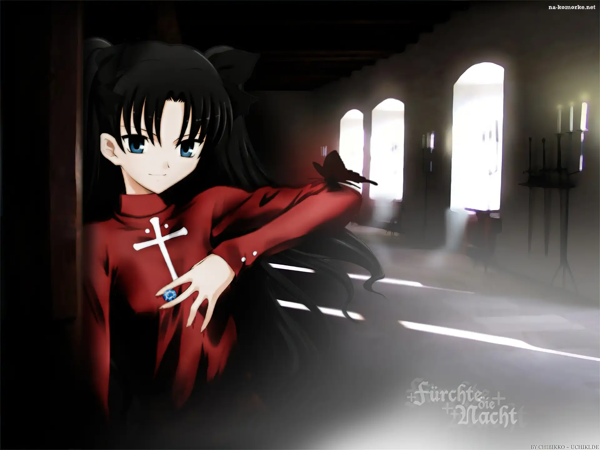 Fate Stay Night, okna, świece, kobieta, korytarz, napis, krzyż