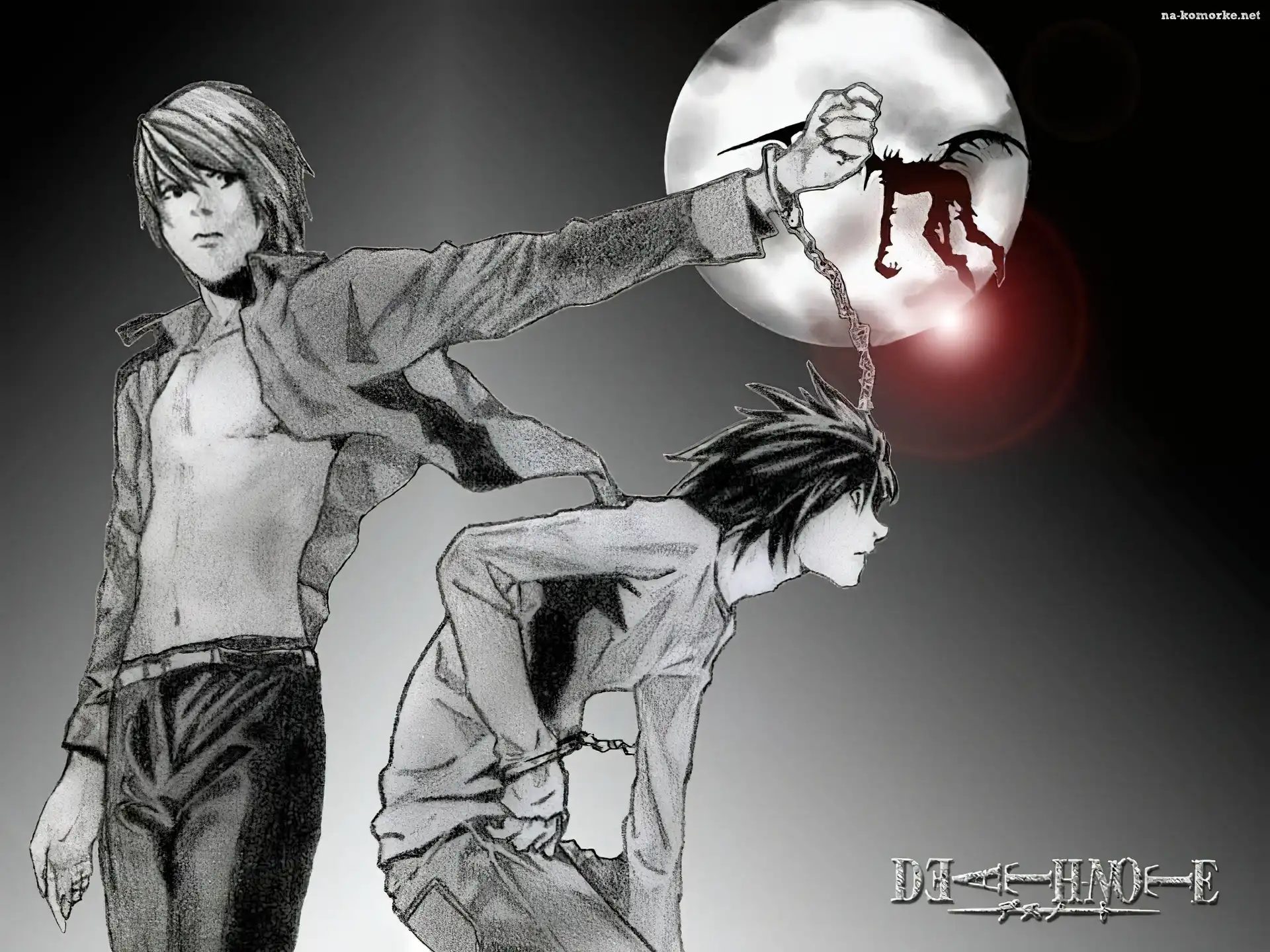 księżyc, Death Note, potwór, chłopcy, kajdanki