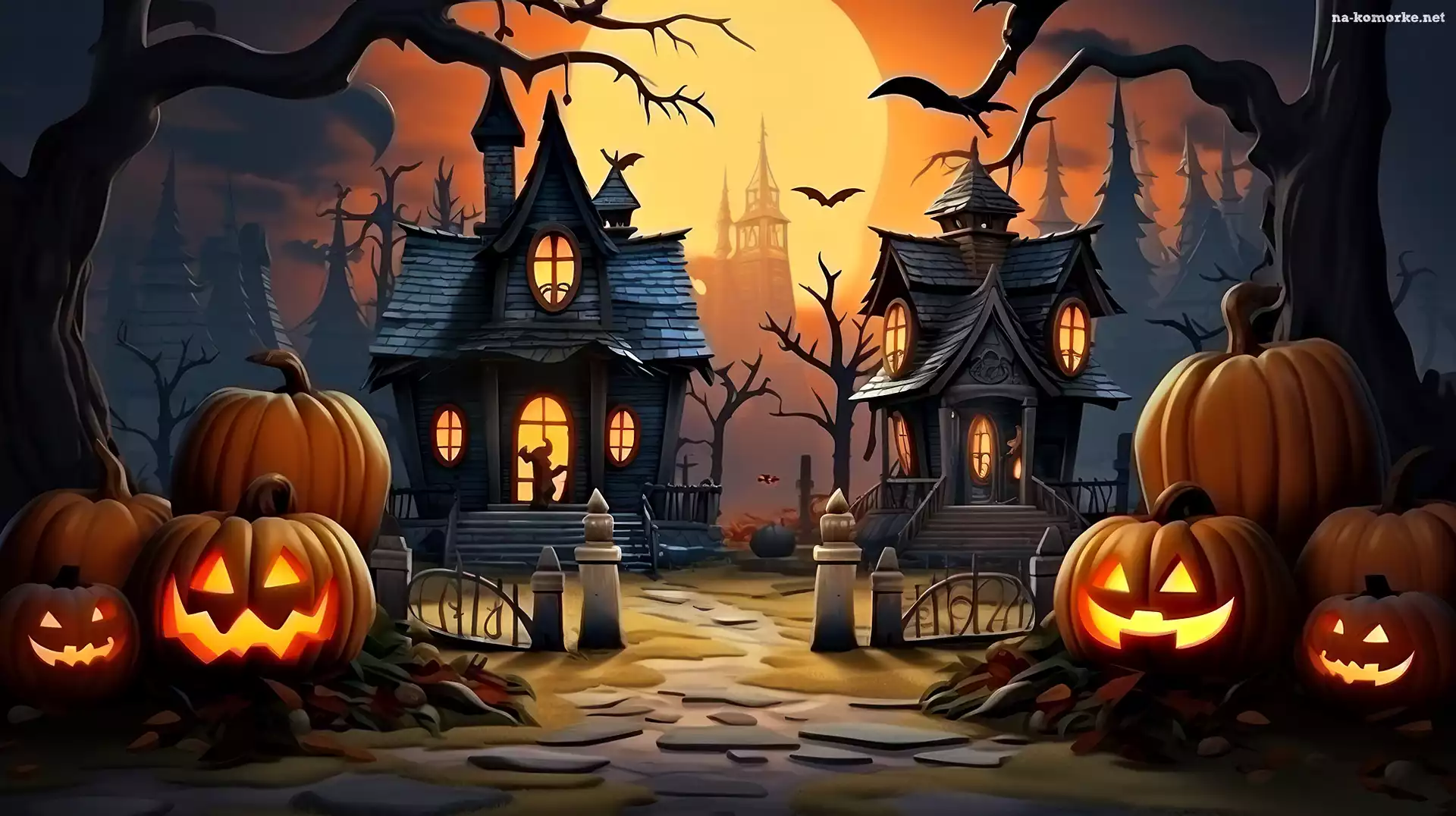 Dynie, Księżyc, Halloween, Domy, Grafika