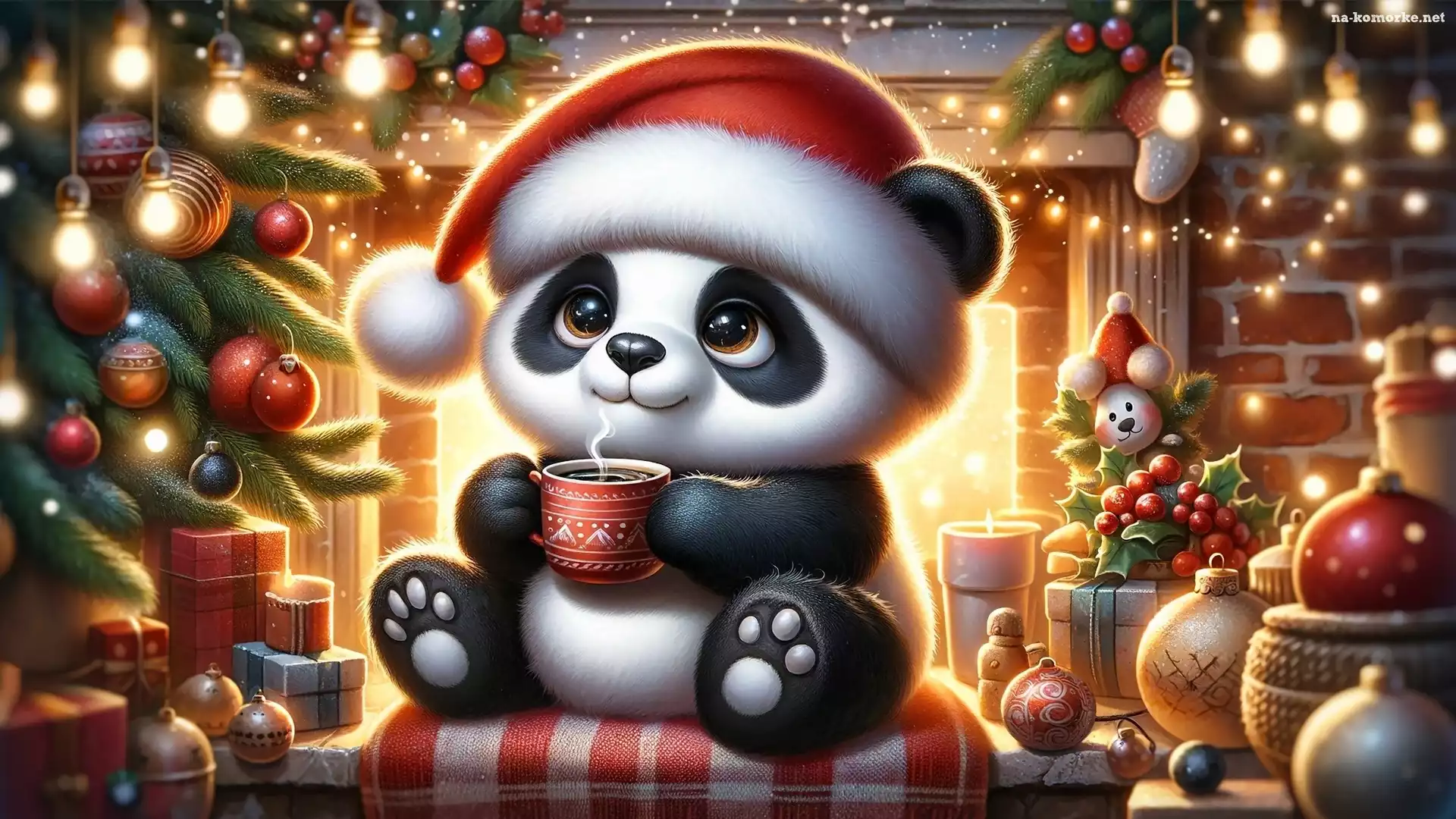 Kubek, Prezenty, Mikołaja, Boże Narodzenie, Choinka, Bombki, Czapka, Panda