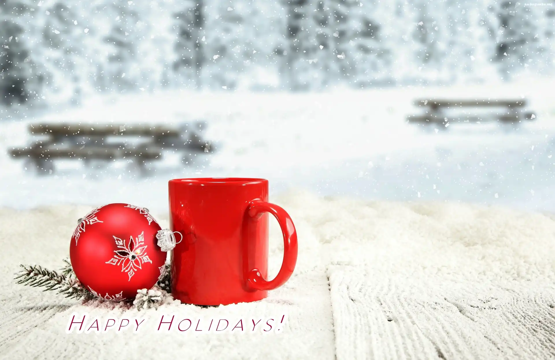 Napis, Kubek, Czerwony, Åšnieg, Bombka, Happy Holidays