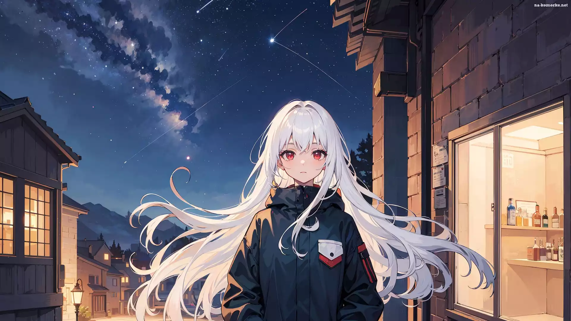 Noc, Droga mleczna, Dziewczyna, Anime, Domy, Sklep, Kurtka