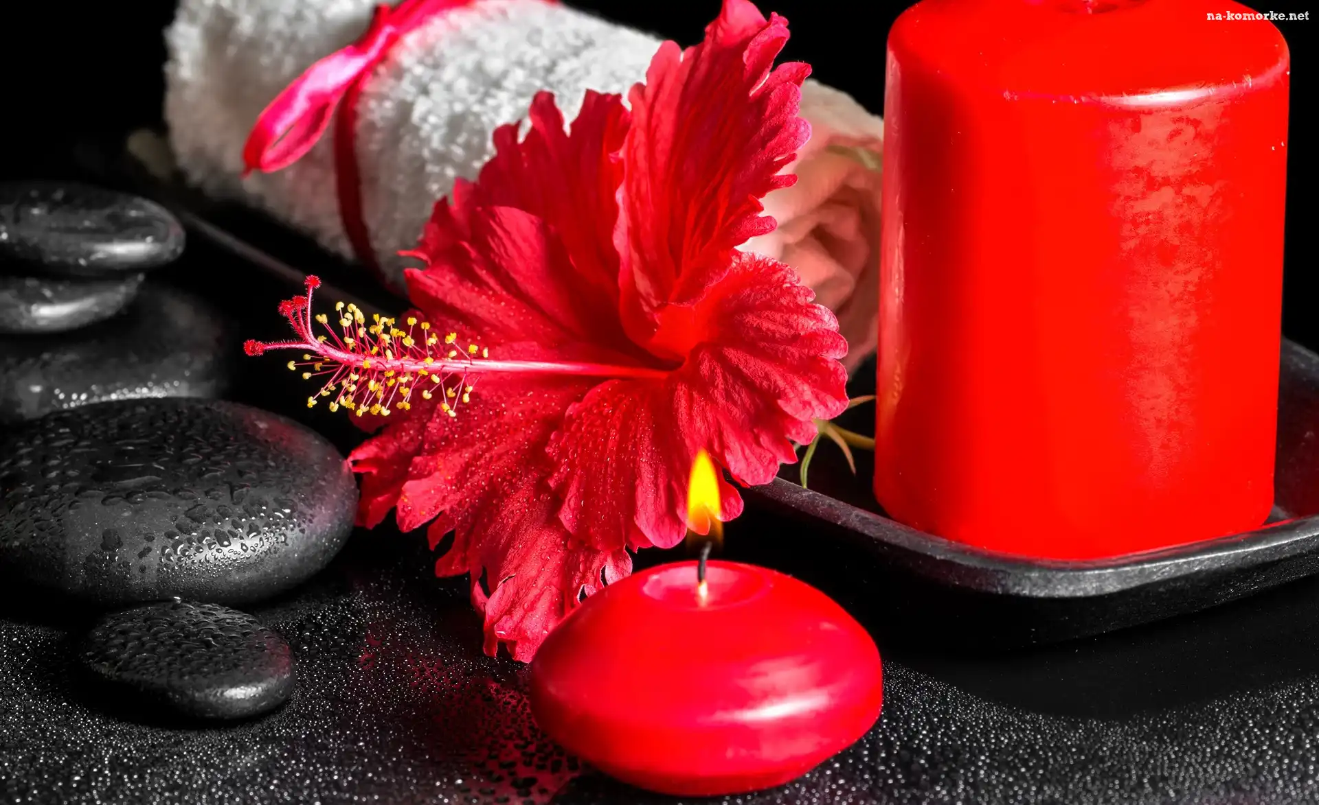 SPA, Kwiat, Hibiskus, Ręcznik, Kamienie, Świece, Czerwony